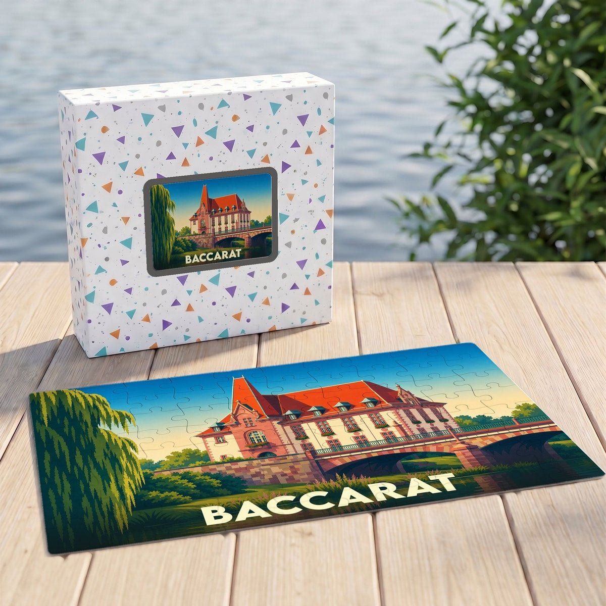 Puzzle souvenir de la ville de Baccarat avec une illustration stylisée d'un bâtiment historique au bord de l'eau.