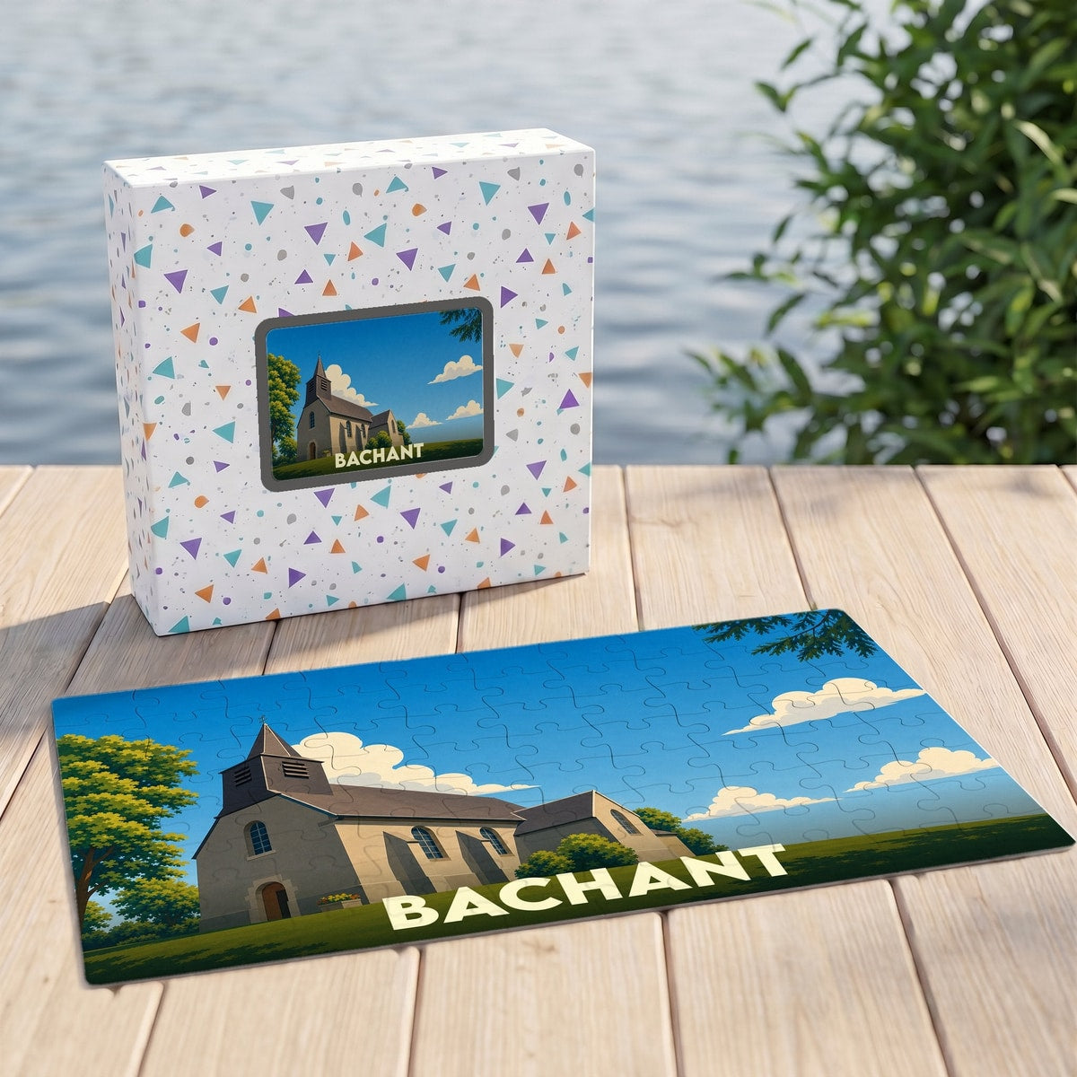 Puzzle souvenir de la ville de Bachant avec une illustration stylisée d'une église sous un ciel bleu.