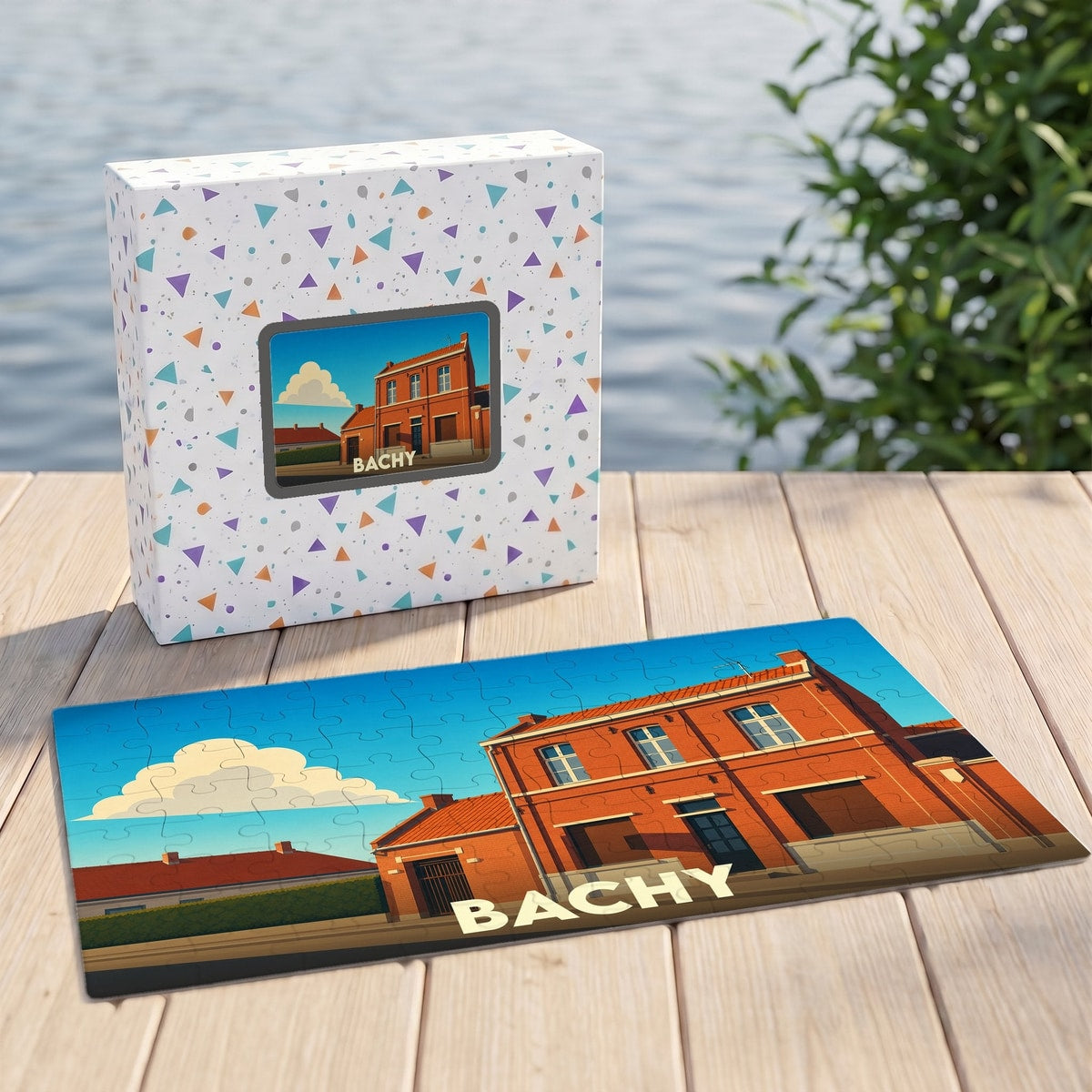 Puzzle souvenir de la ville de Bachy avec une illustration stylisée d'un bâtiment en briques rouges.