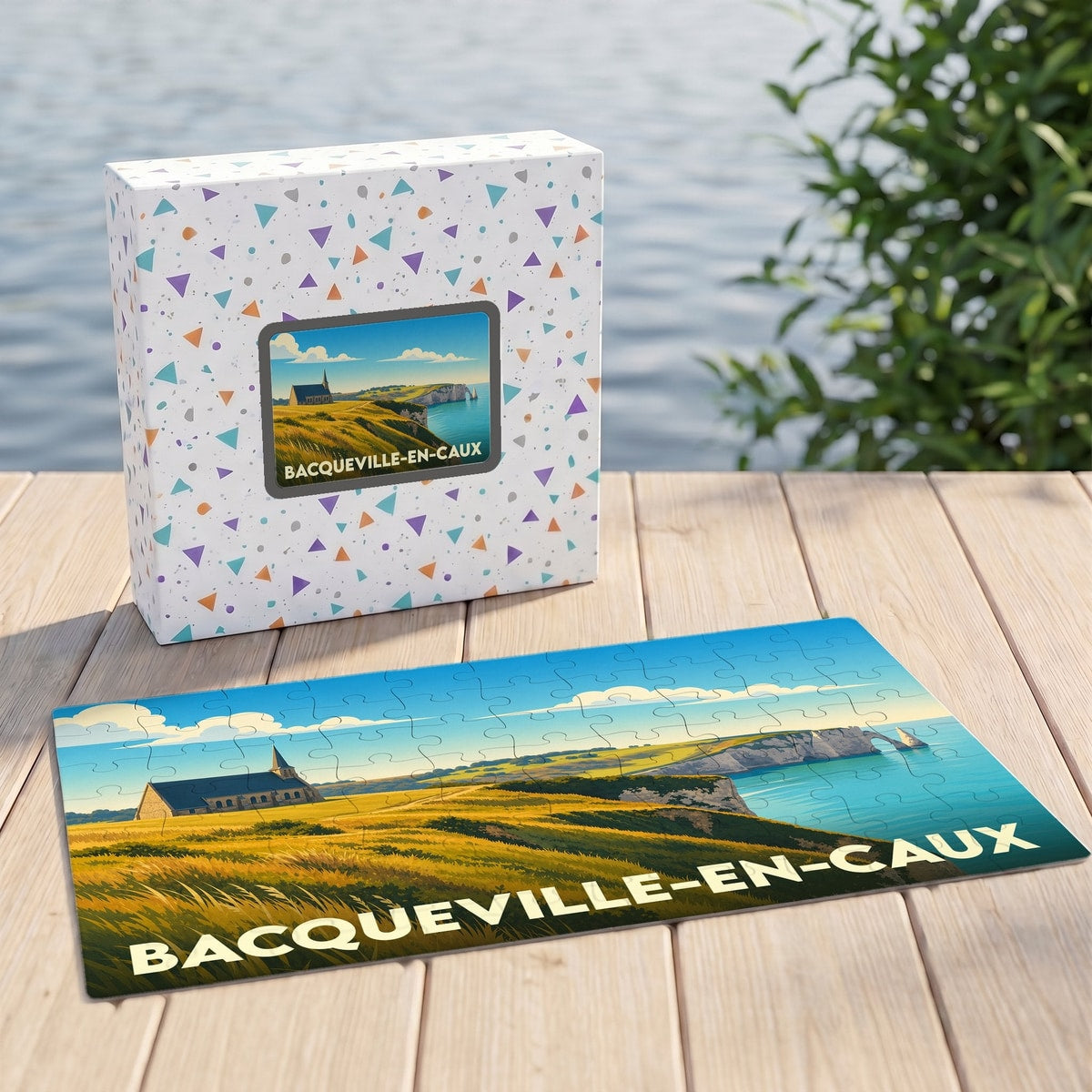 Puzzle souvenir de la ville de Bacqueville-en-Caux illustrant un paysage de falaises côtières.