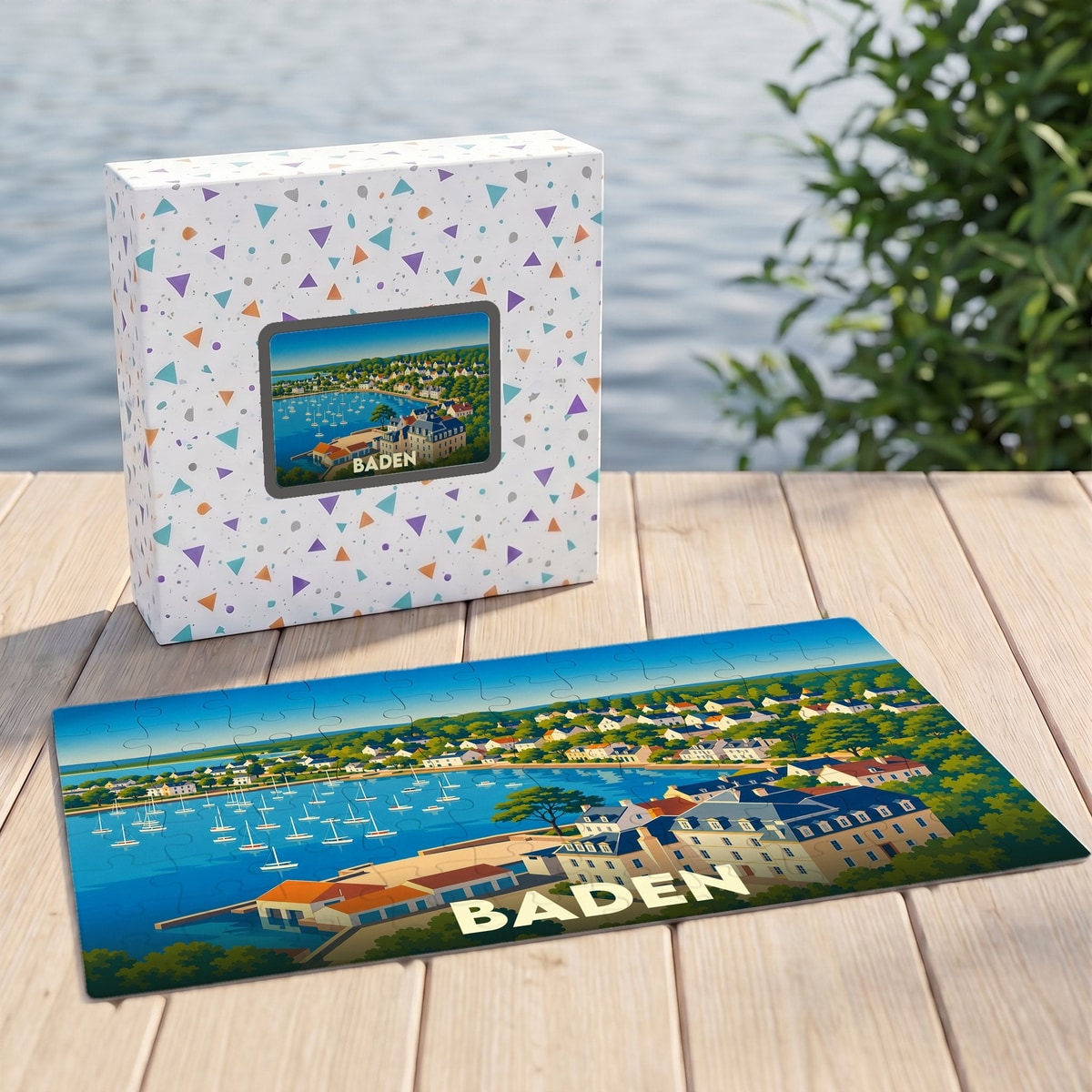 Puzzle souvenir de la ville de Baden avec une illustration stylisée d'un port côtier.