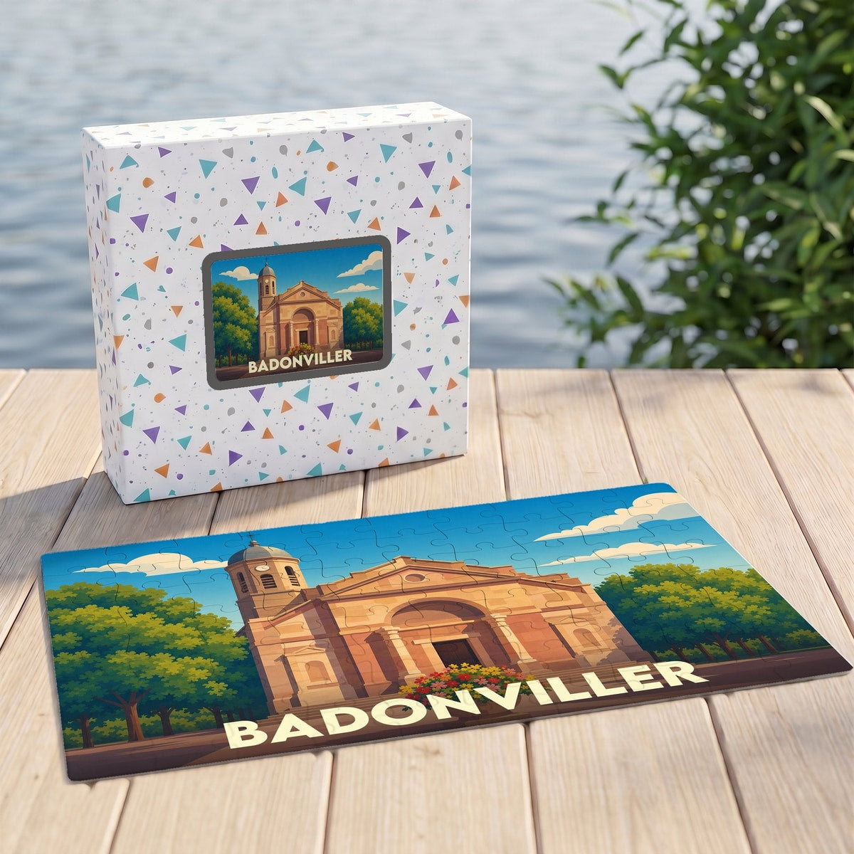 Puzzle souvenir de la ville de Badonviller illustrant une église de style classique dans un paysage arboré.