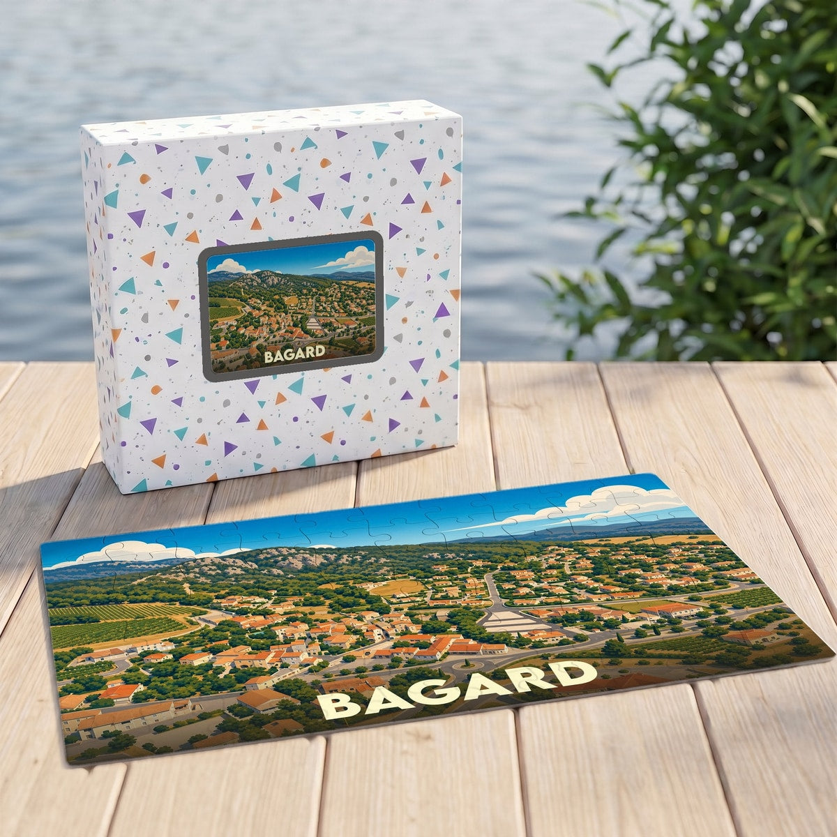 Puzzle souvenir de la ville de Bagard avec une illustration stylisée de ses paysages et habitations.