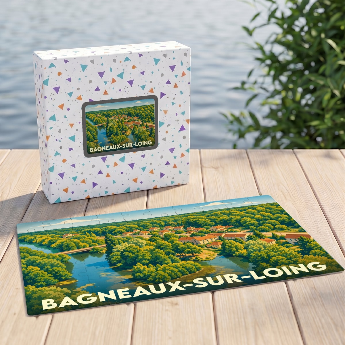 Puzzle souvenir de la ville de Bagneaux-sur-Loing avec une illustration paysagère stylisée.