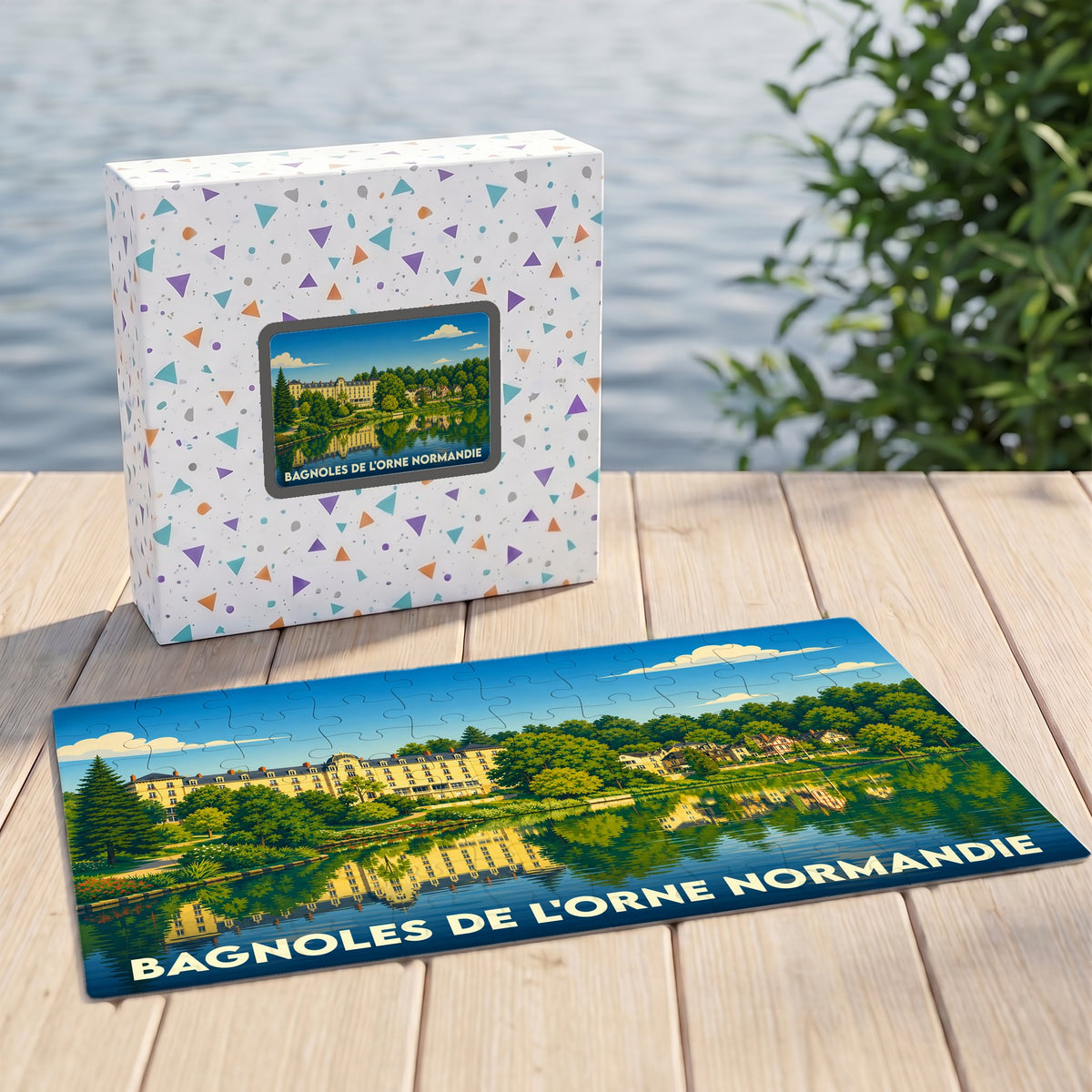 Puzzle souvenir de la ville de Bagnoles de l'Orne Normandie avec une illustration stylisée de son lac et de son architecture thermale.