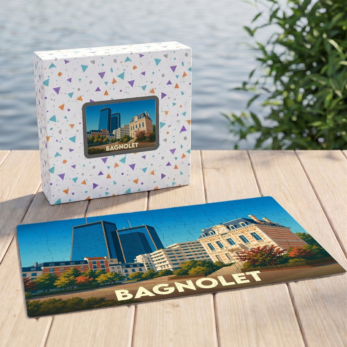 Puzzle souvenir de la ville de Bagnolet illustrant ses bâtiments emblématiques dans un style graphique coloré.
