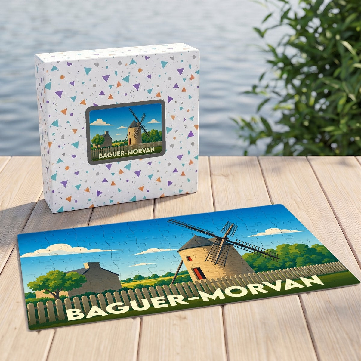 Puzzle souvenir de la ville de Baguer-Morvan illustrant un moulin à vent dans un style graphique épuré.