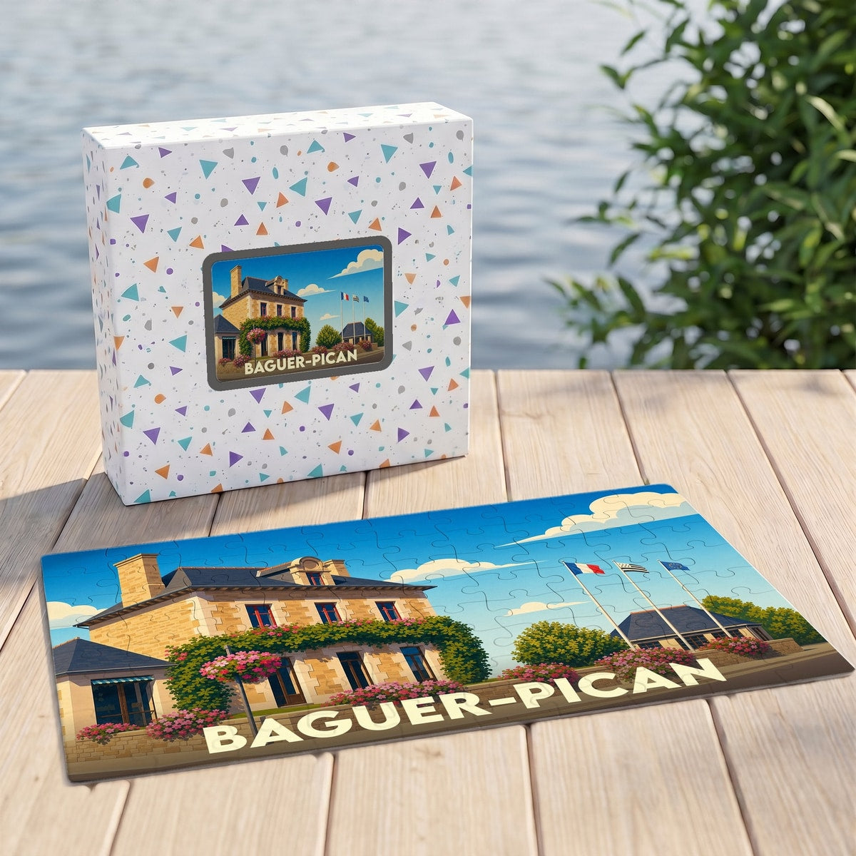 Puzzle souvenir de la ville de Baguer-Pican avec une illustration stylisée d'un bâtiment traditionnel.