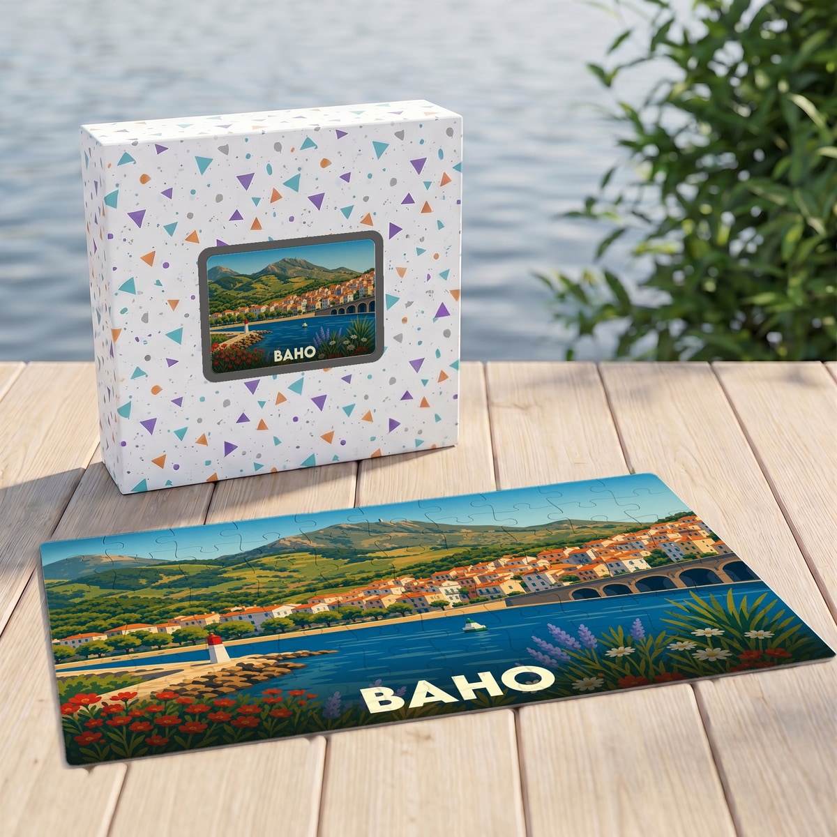 Puzzle souvenir de la ville de Baho avec une illustration stylisée d'un paysage côtier.