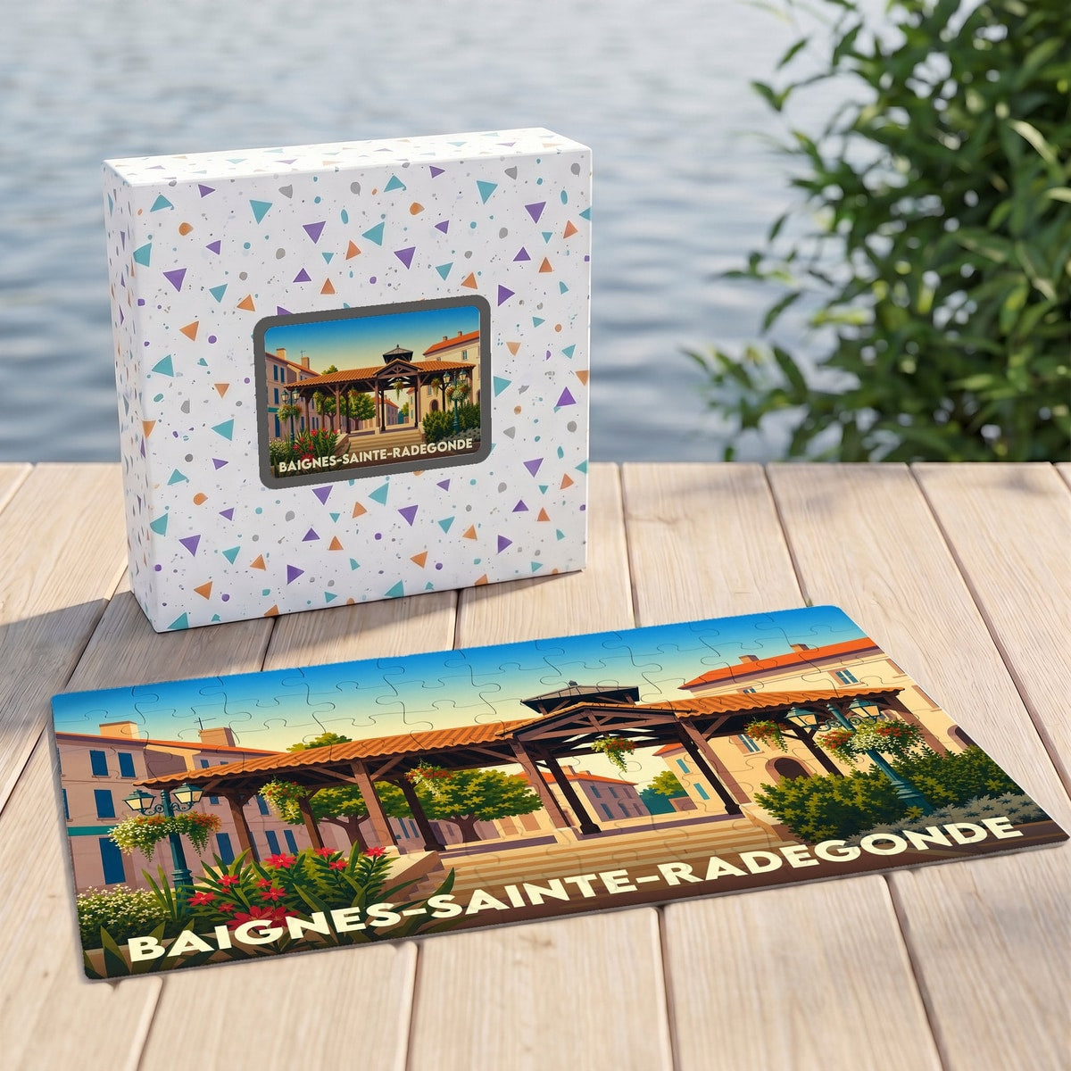 Puzzle souvenir de la ville de Baignes-Sainte-Radegonde avec une illustration colorée et son coffret assorti.