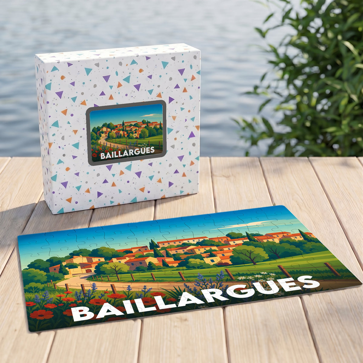 Puzzle souvenir de la ville de Baillargues présentant une illustration colorée et stylisée de ses paysages.