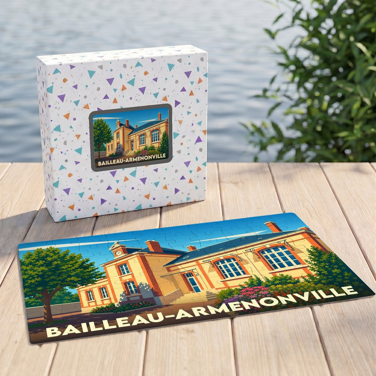 Puzzle souvenir de la ville de Bailleau-Armenonville avec une illustration stylisée de son architecture.