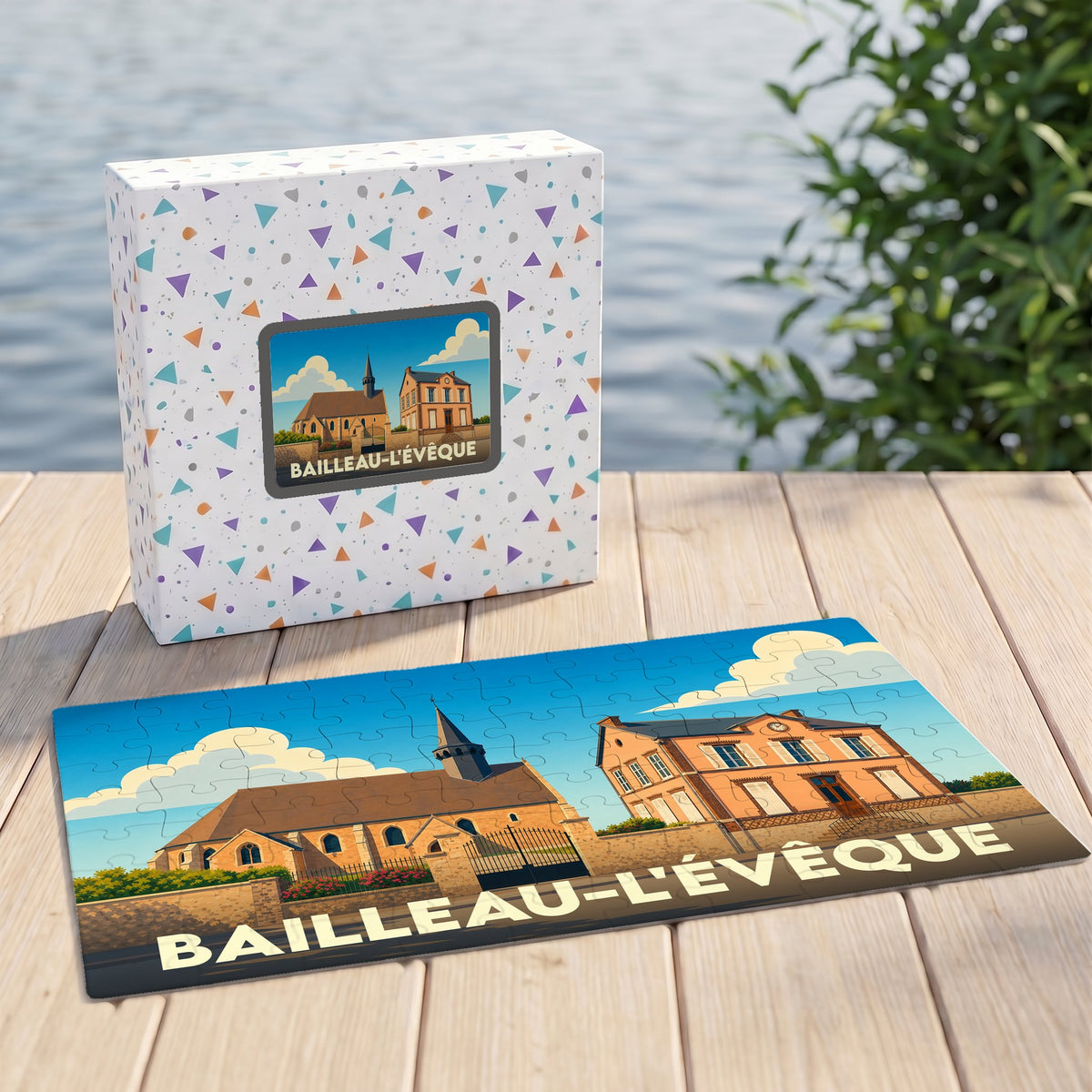 Puzzle souvenir de la ville de Bailleau-l'Évêque avec une illustration stylisée de son église et de son architecture locale.
