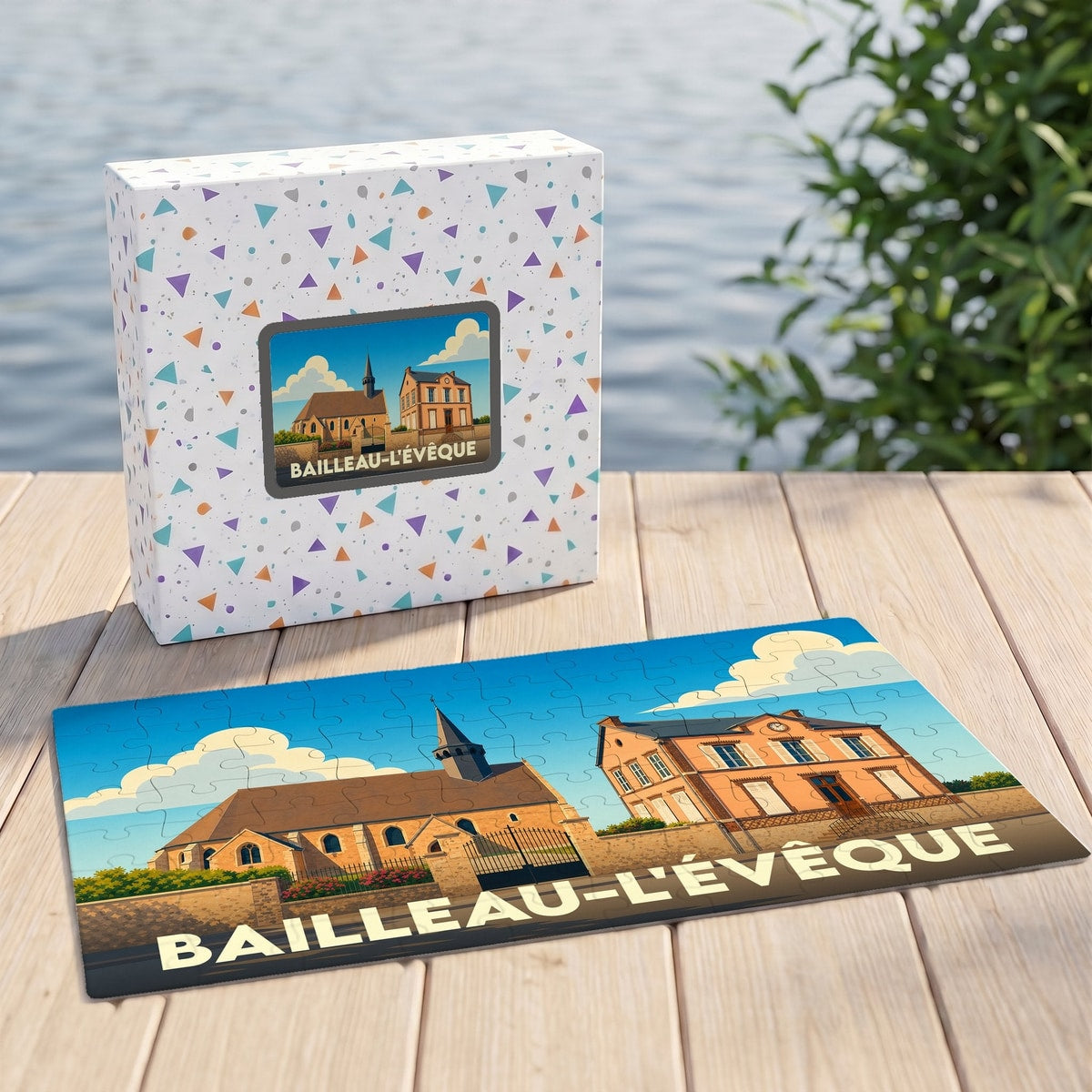 Puzzle souvenir de la ville de Bailleau-l'Évêque avec une illustration stylisée de son église et de son architecture locale.