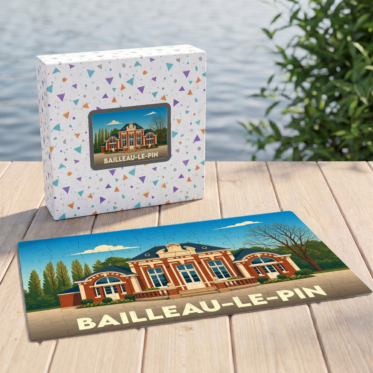 Puzzle souvenir de la ville de Bailleau-le-Pin avec une illustration stylisée de son architecture locale.