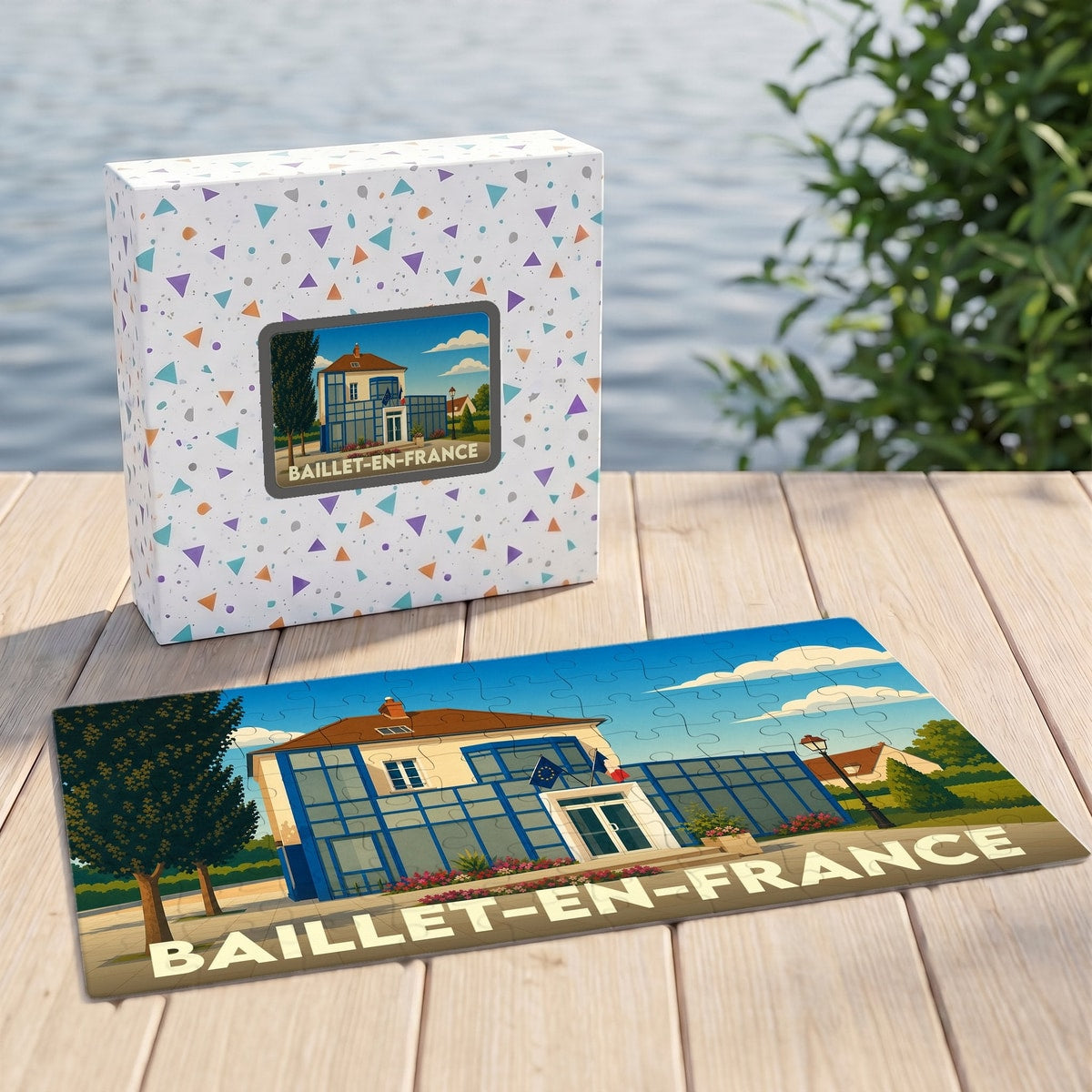 Puzzle souvenir de la ville de Baillet-en-France avec une illustration stylisée de sa mairie.