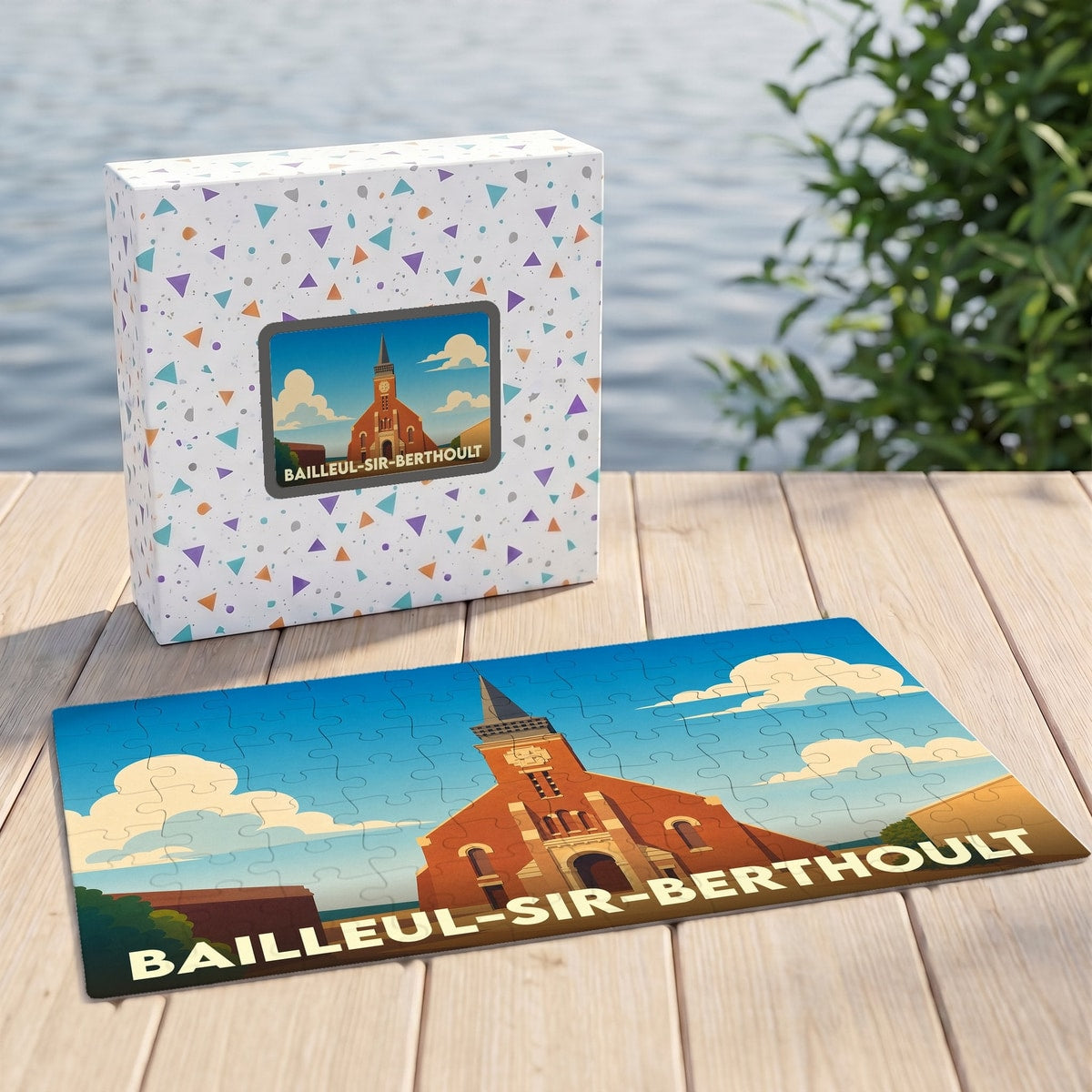 Puzzle souvenir de la ville de Bailleul-Sir-Berthoult avec une illustration stylisée d'un monument local.