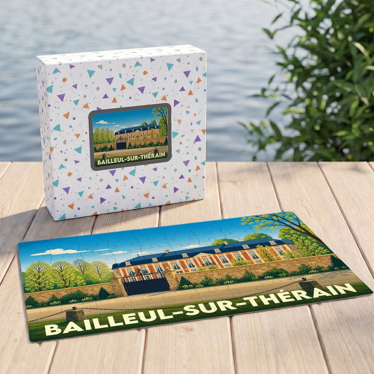 Puzzle souvenir de la ville de Bailleul-sur-Thérain avec une illustration stylisée d'un château.