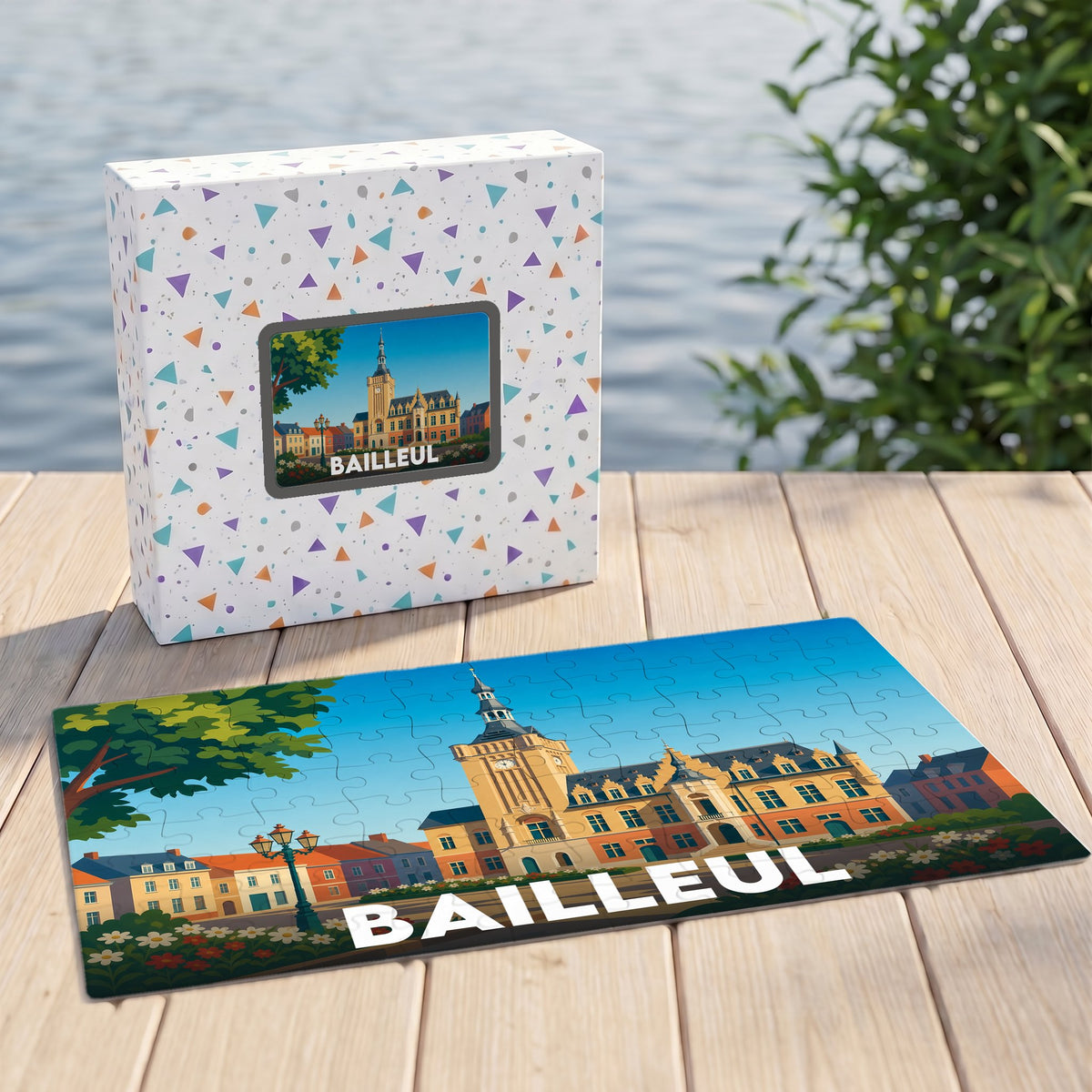 Puzzle souvenir de la ville de Bailleul avec une illustration stylisée de son hôtel de ville et de son beffroi.