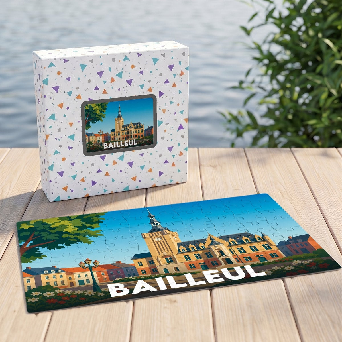 Puzzle souvenir de la ville de Bailleul avec une illustration stylisée de son hôtel de ville et de son beffroi.