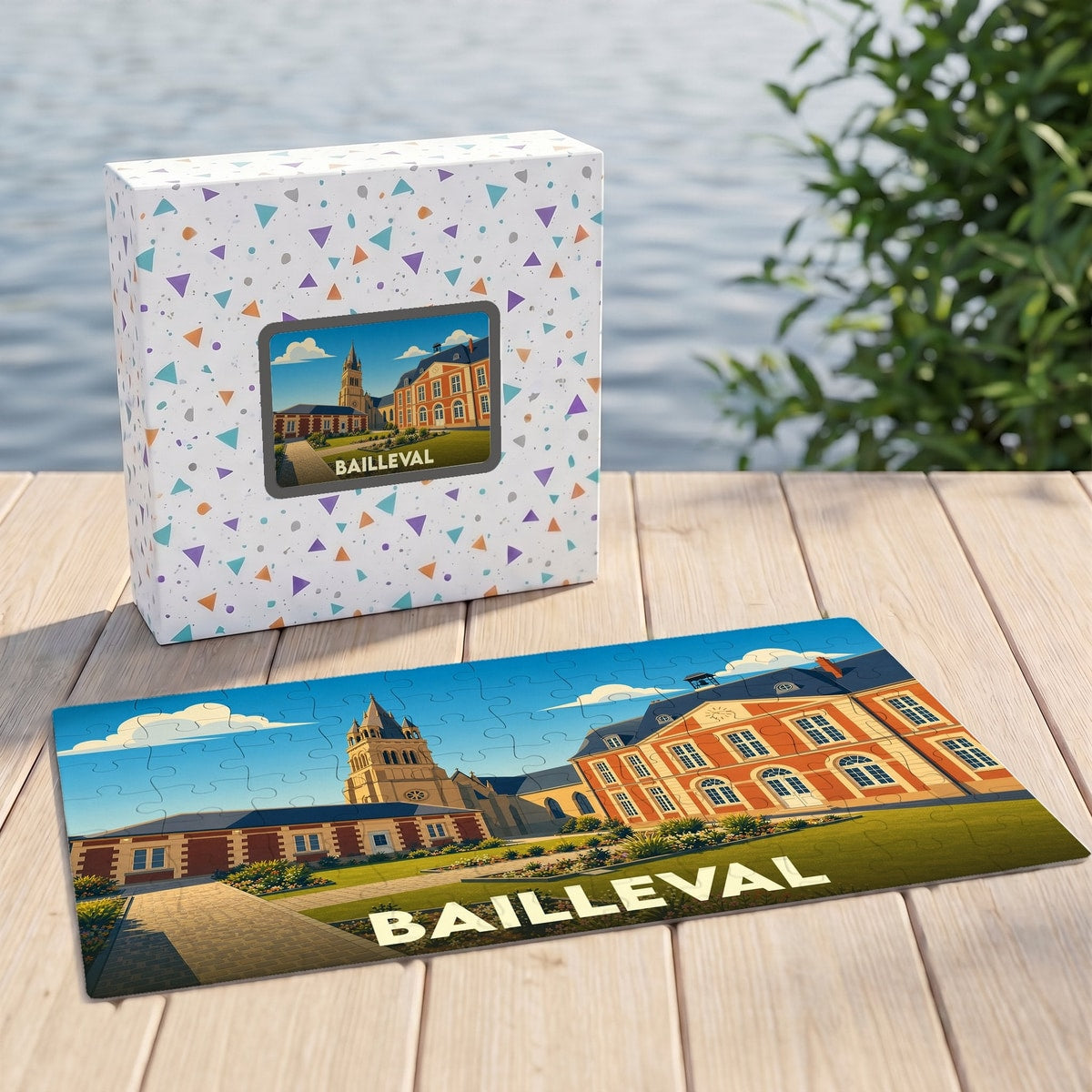Puzzle souvenir de la ville de Bailleval avec une illustration colorée et stylisée de son patrimoine.