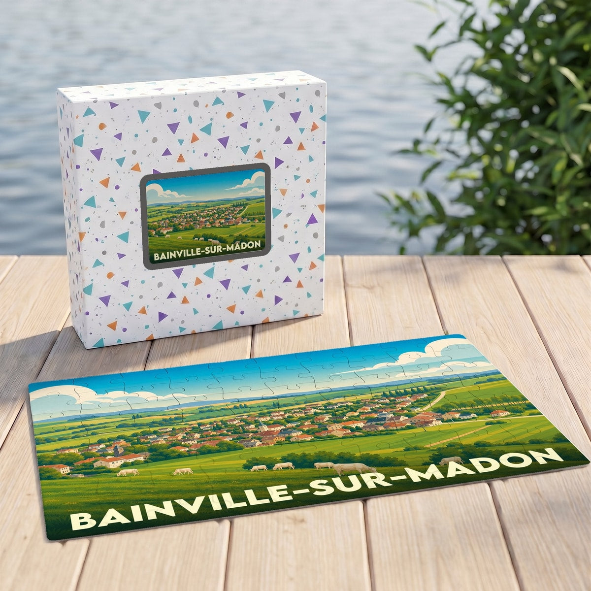 Puzzle souvenir de la ville de Bainville-sur-Madon avec une illustration stylisée de son paysage rural.