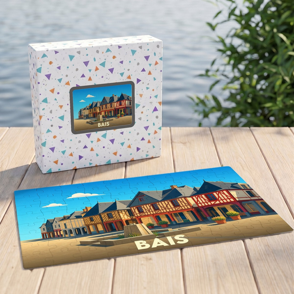 Puzzle souvenir de la ville de Bais présentant une illustration stylisée de maisons à pans de bois.