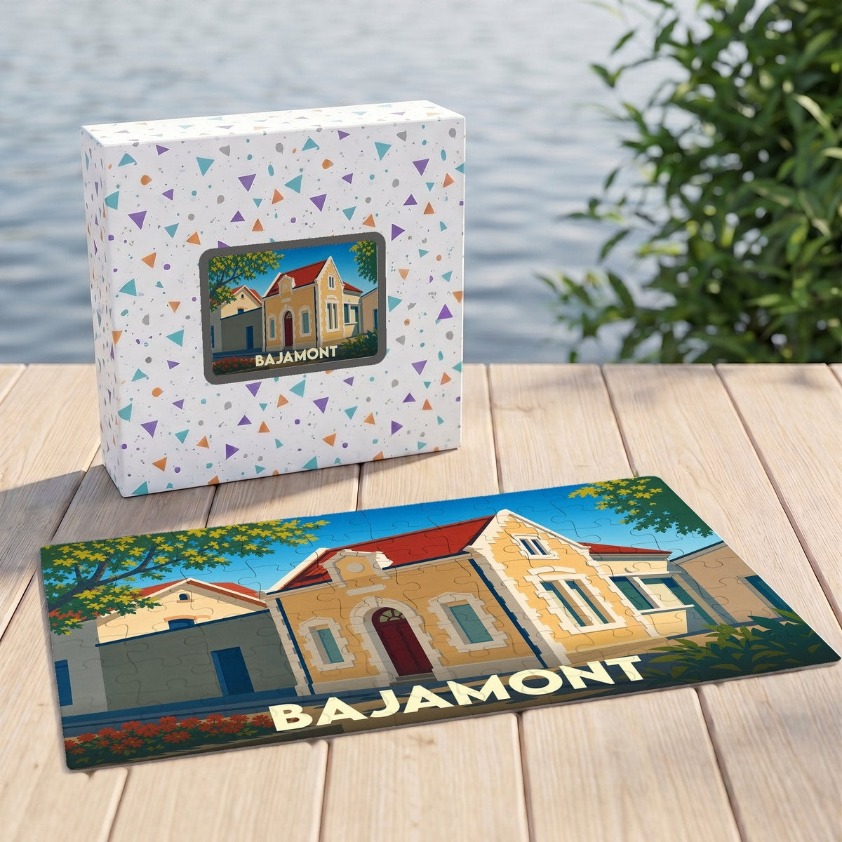 Puzzle souvenir de la ville de Bajamont avec une illustration stylisée d'une maison typique.