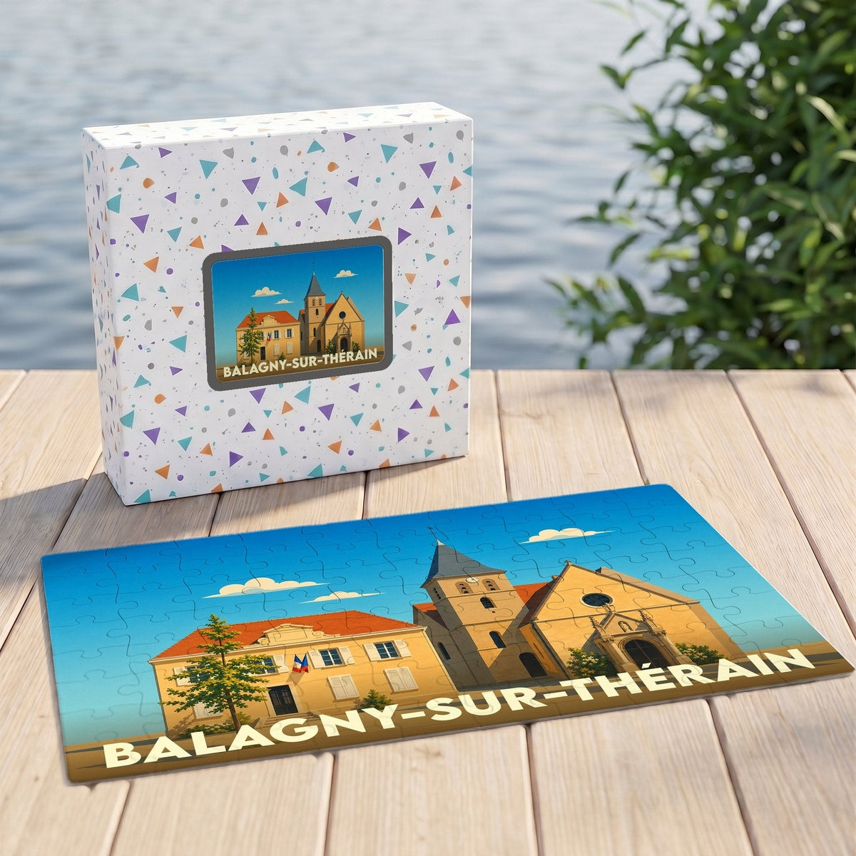 Puzzle souvenir de la ville de Balagny-sur-Thérain avec une illustration stylisée de son église et de sa mairie.
