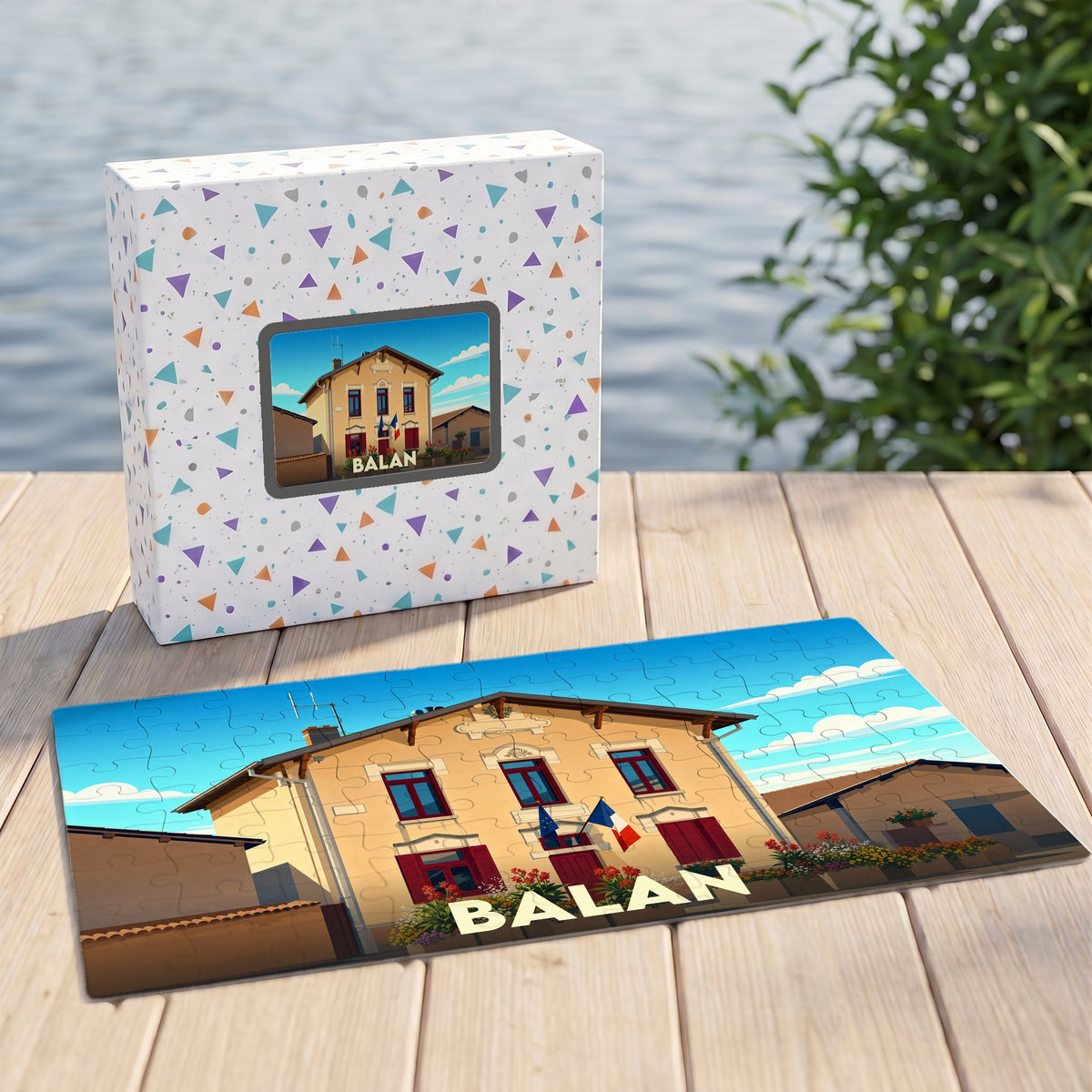 Puzzle souvenir de la ville de Balan illustré d'un bâtiment typique au style épuré.