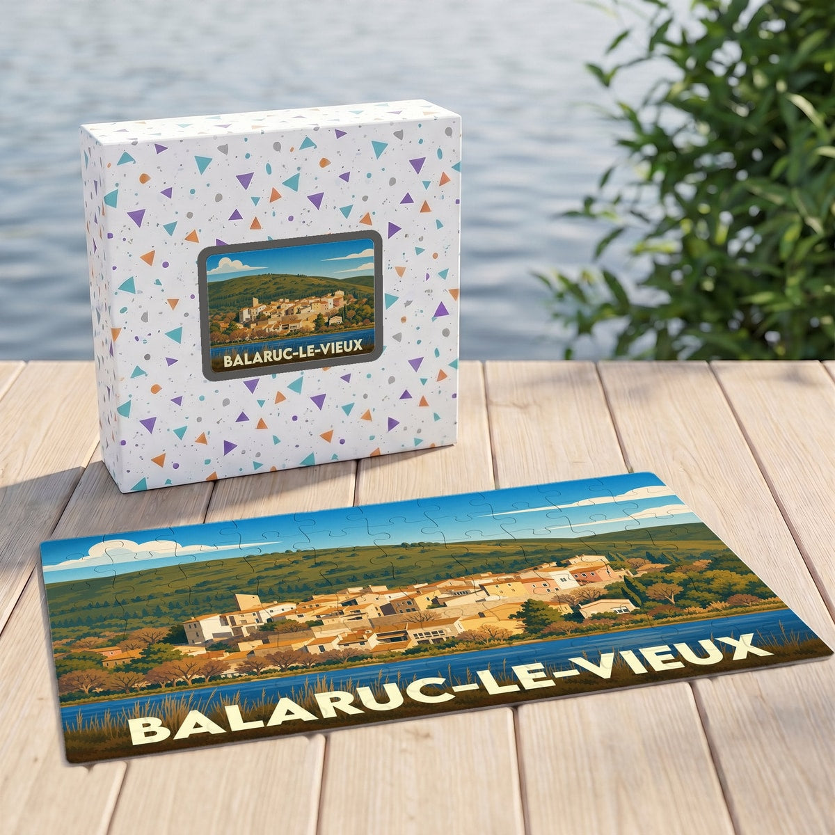 Puzzle souvenir de la ville de Balaruc-le-Vieux avec une illustration stylisée et colorée.