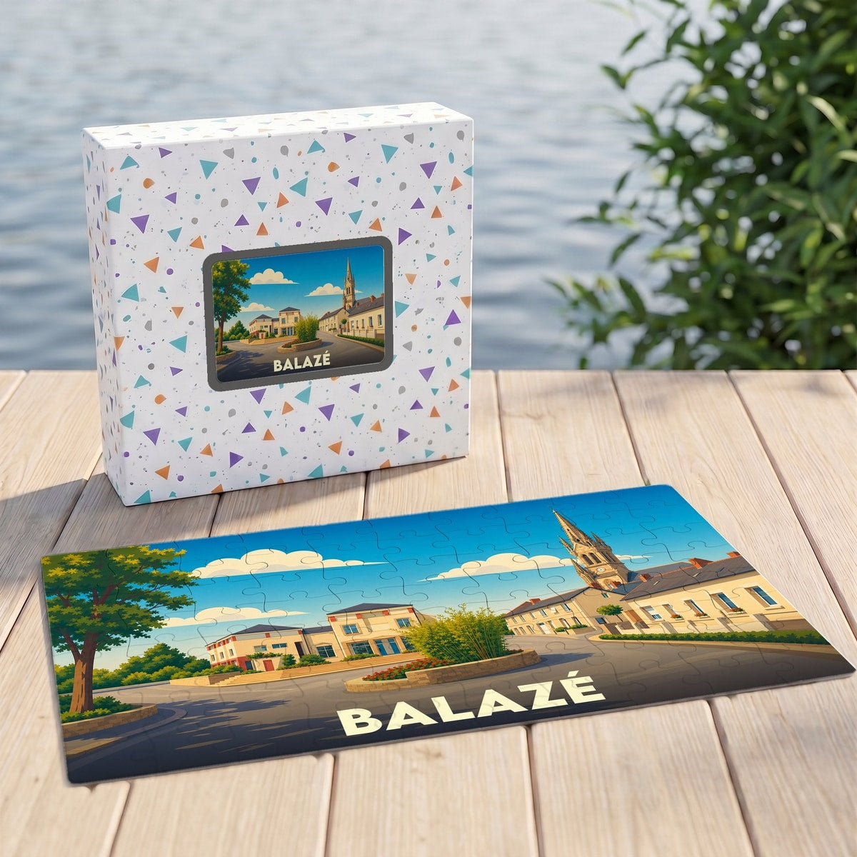 Puzzle souvenir de la ville de Balazé avec une illustration stylisée et colorée.