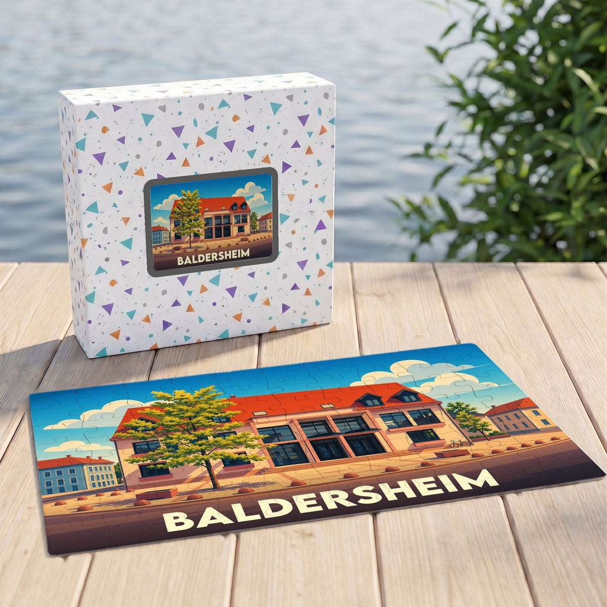 Puzzle souvenir de la ville de Baldersheim avec une illustration colorée et stylisée.