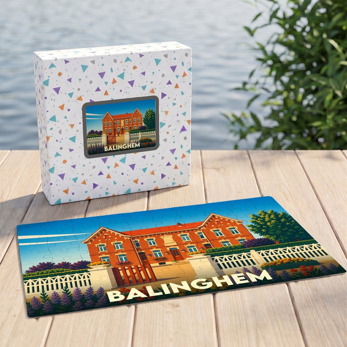 Puzzle souvenir de la ville de Balinghem avec une illustration stylisée d'une maison traditionnelle.