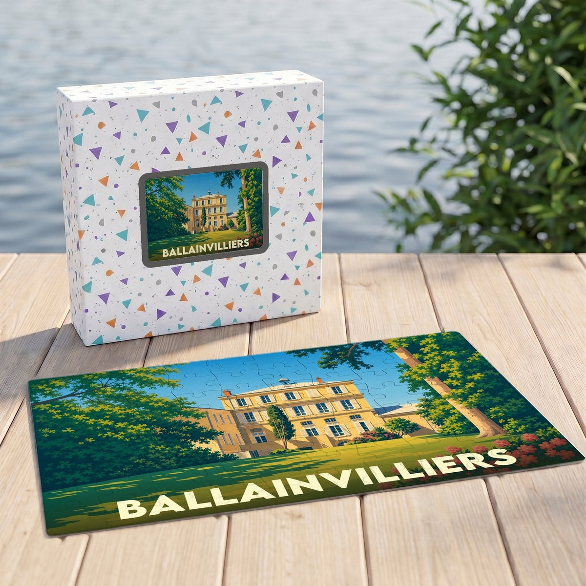 Puzzle souvenir de la ville de Ballainvilliers avec une illustration stylisée.