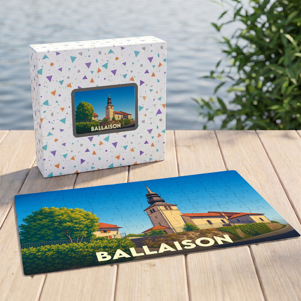 Puzzle souvenir de la ville de Ballaison avec une illustration stylisée d'une église sous un ciel bleu.