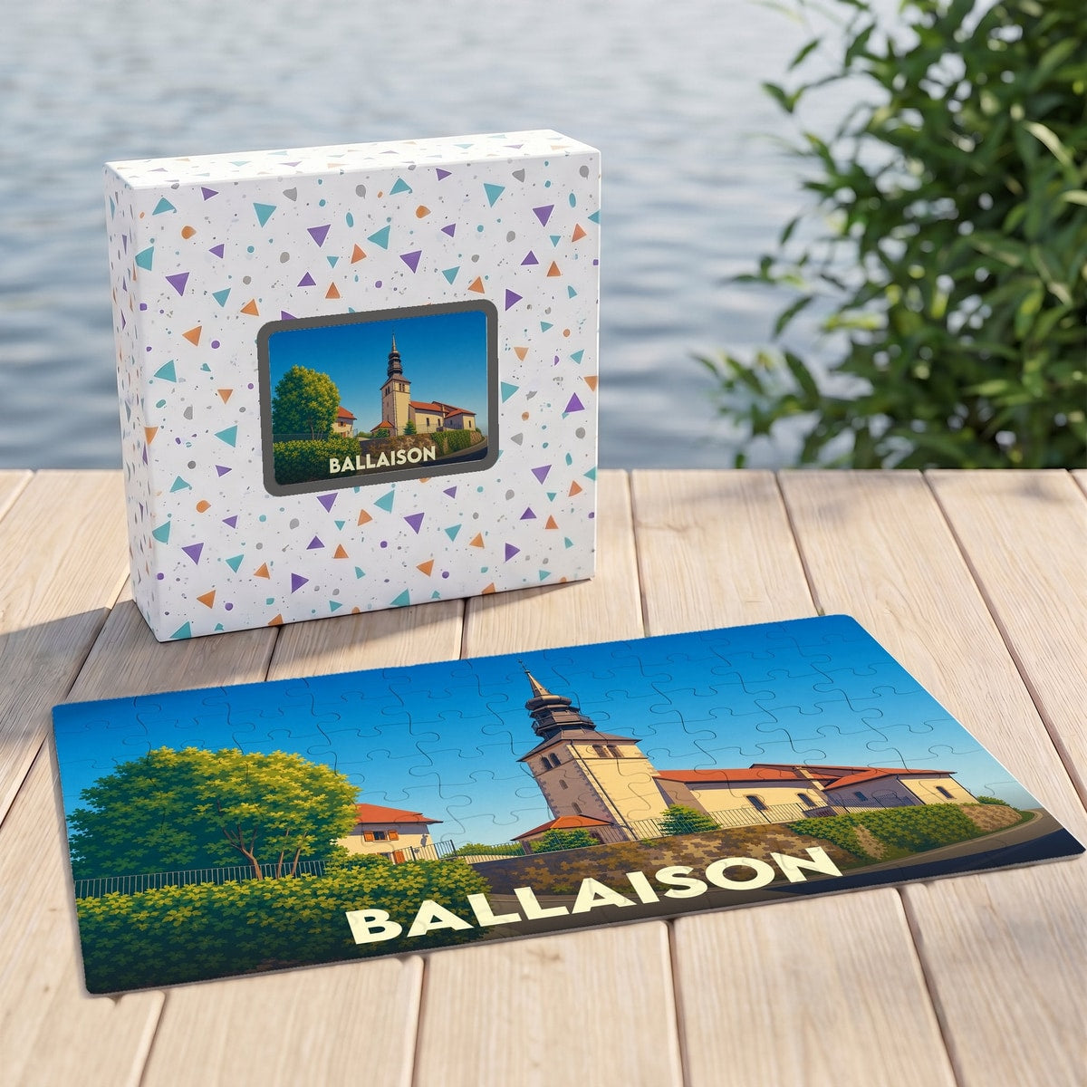 Puzzle souvenir de la ville de Ballaison avec une illustration stylisée d'une église sous un ciel bleu.