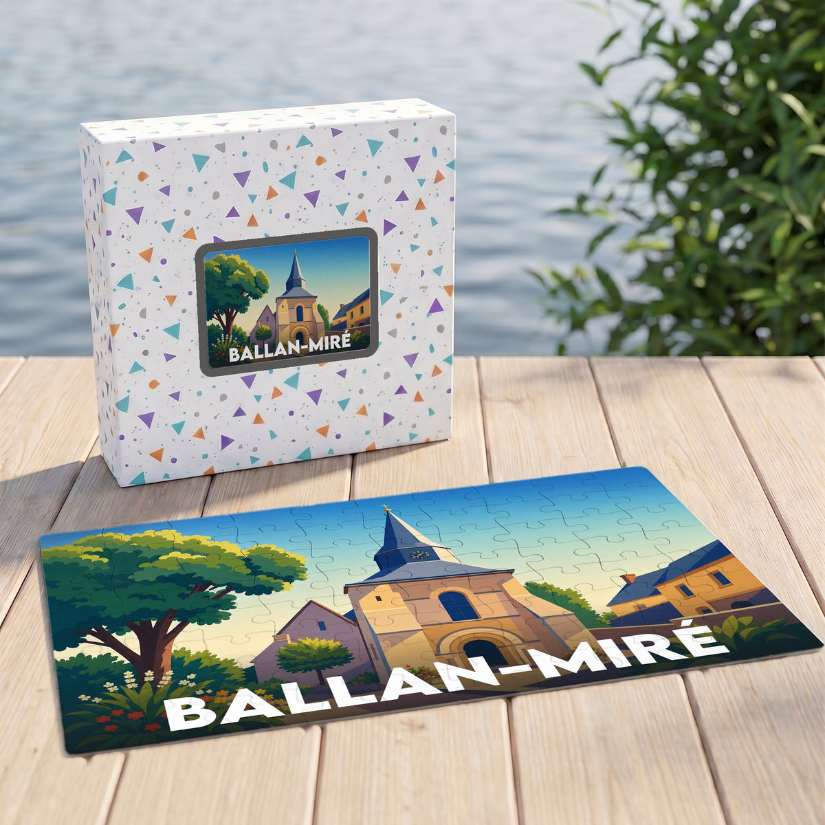 Puzzle souvenir de la ville de Ballan-Miré avec une illustration stylisée de son église.