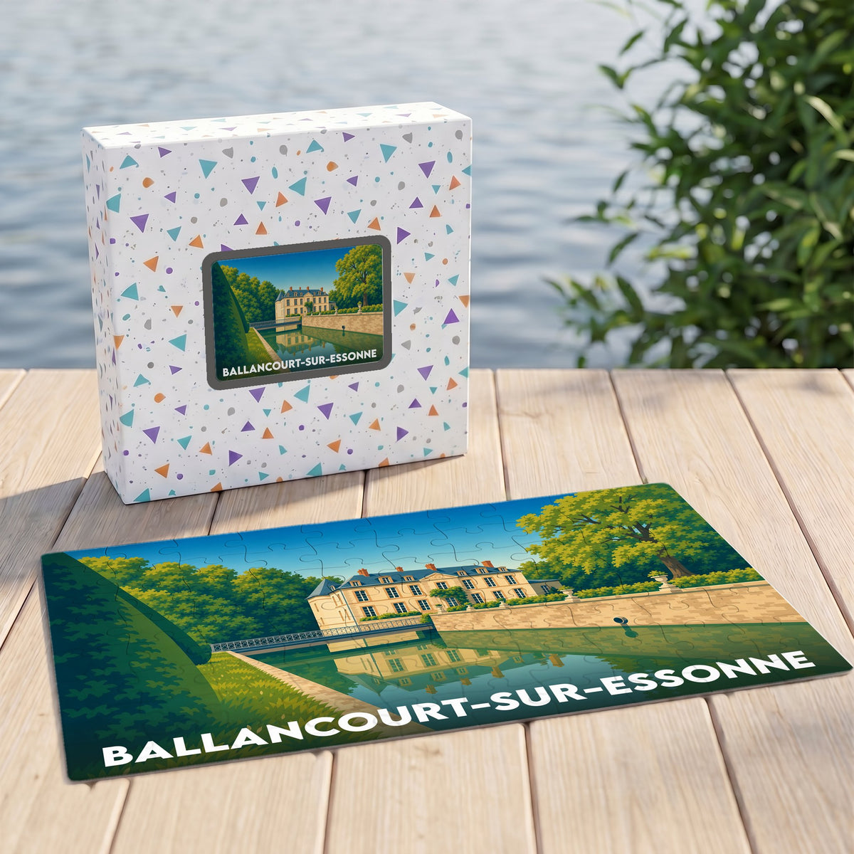 Puzzle souvenir de la ville de Ballancourt-sur-Essonne avec une illustration stylisée de son château.