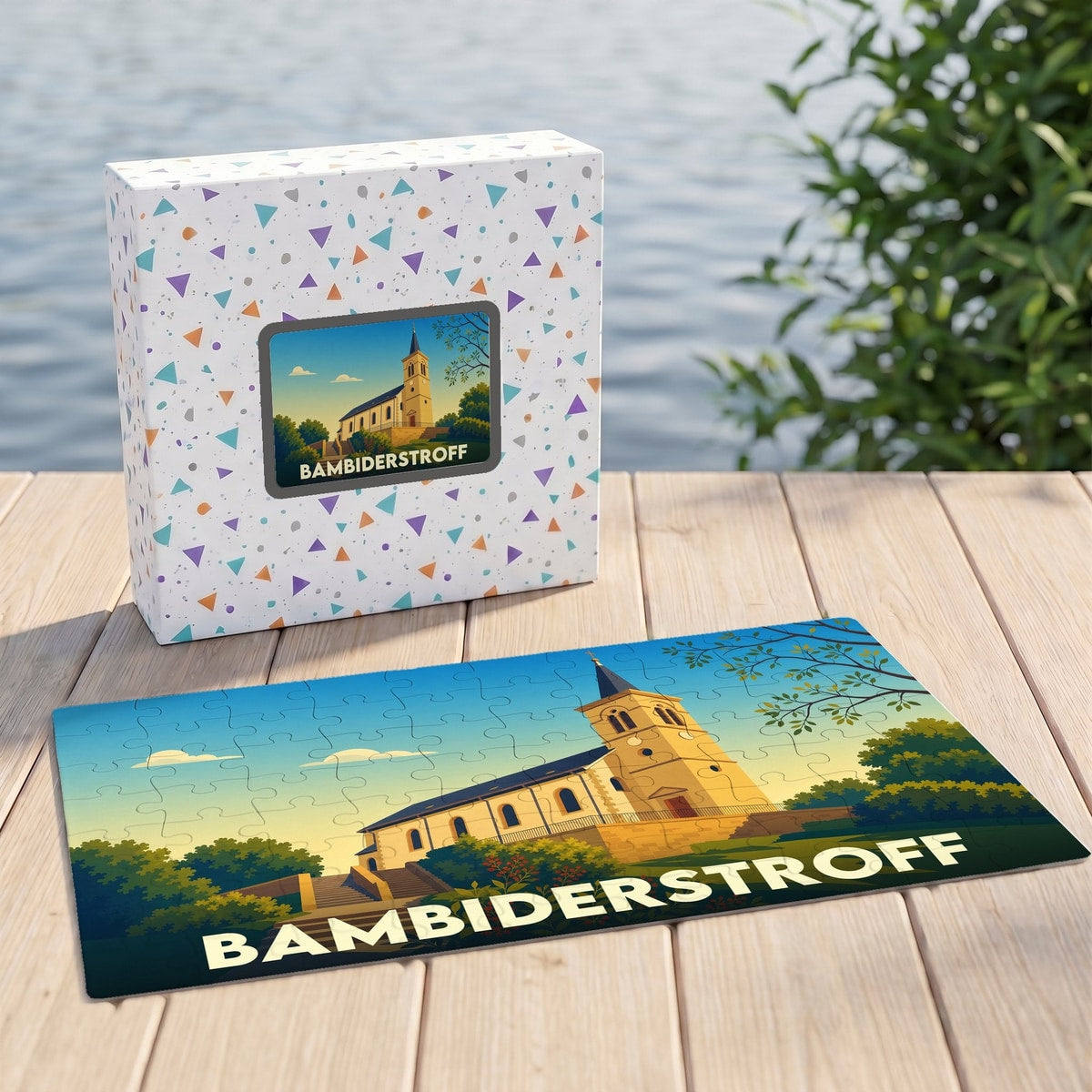 Puzzle souvenir de la ville de Bambiderstroff avec une illustration stylisée de son église.