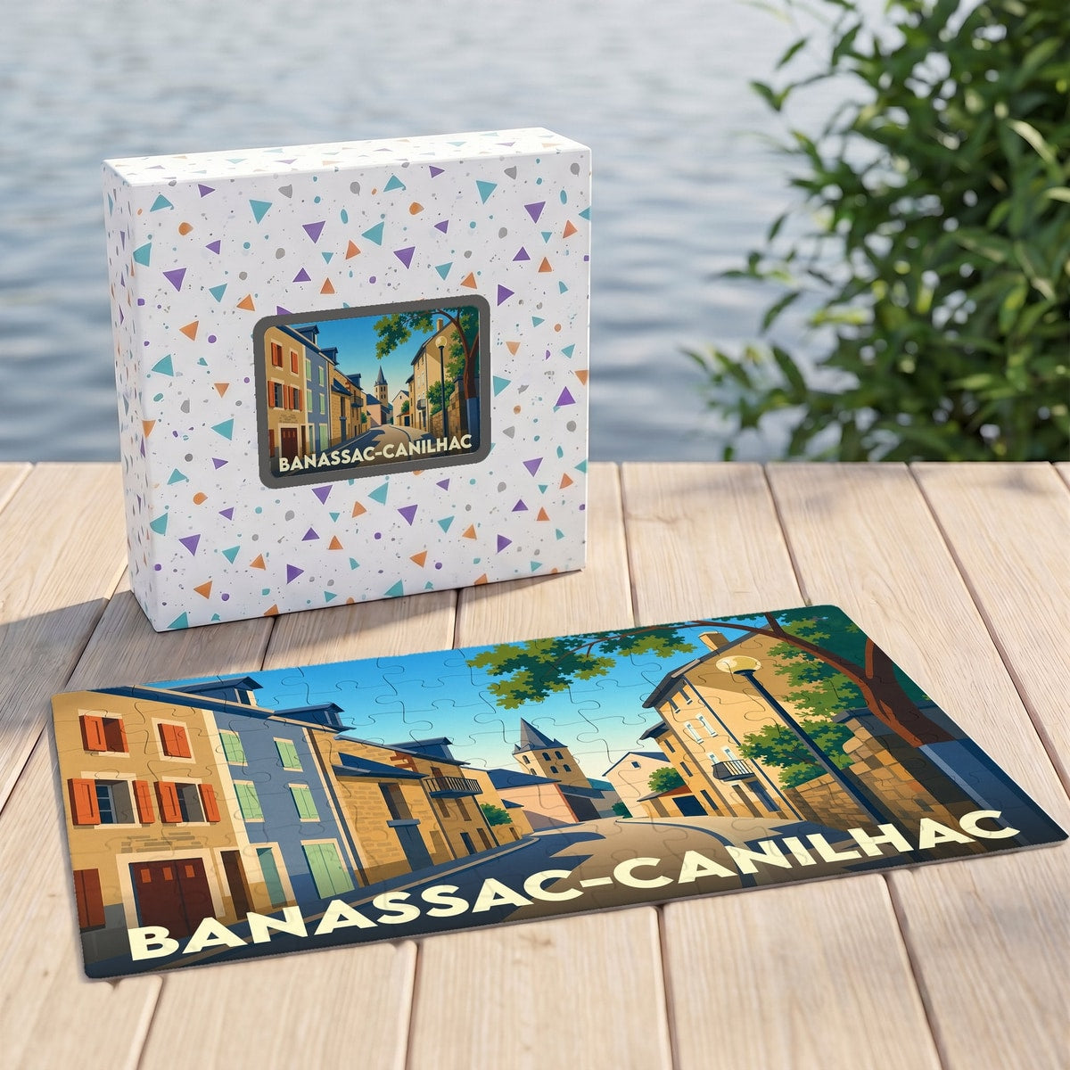 Puzzle souvenir de la ville de Banassac-Canilhac avec une illustration stylisée et colorée.