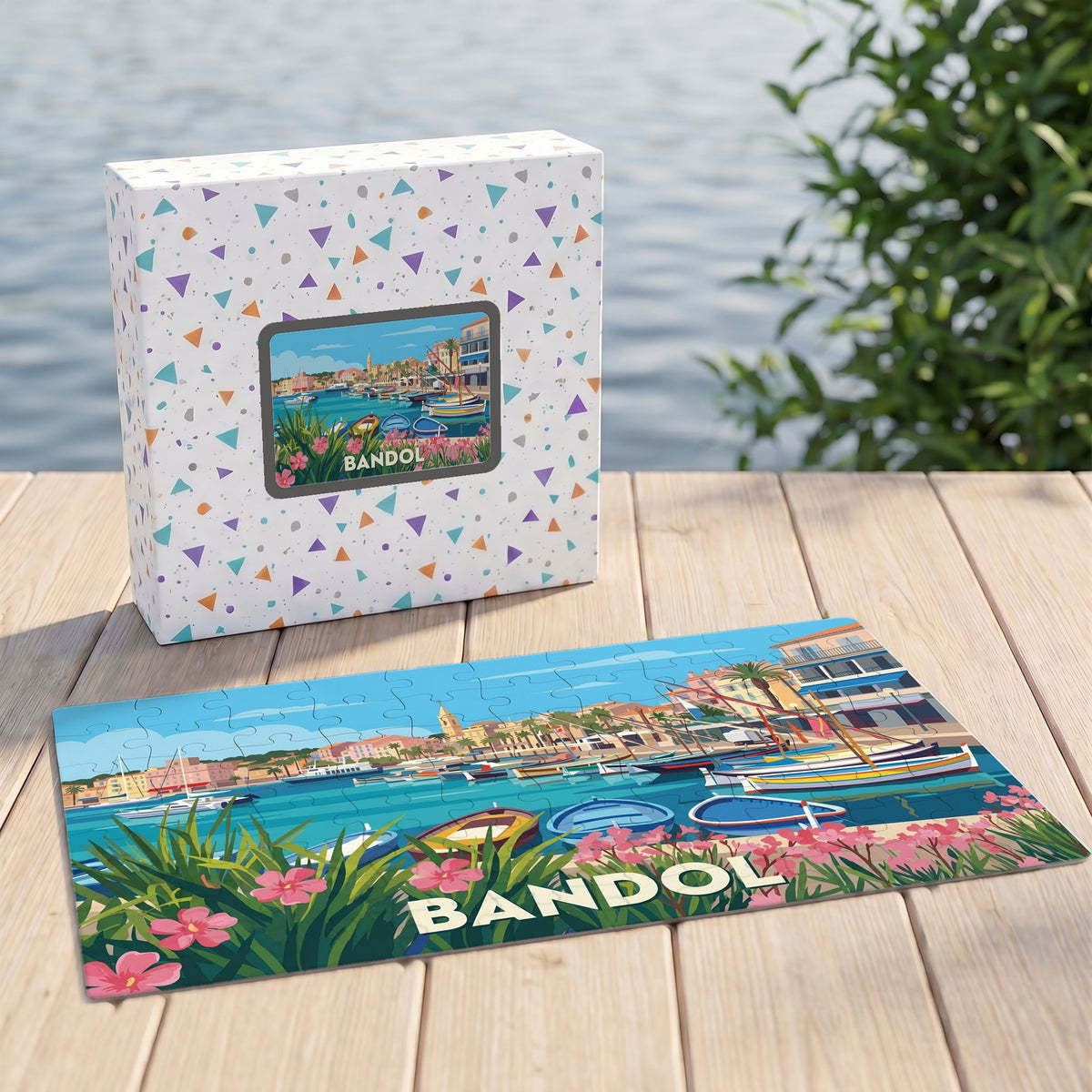 Puzzle souvenir de la ville de Bandol avec une illustration colorée de son port.