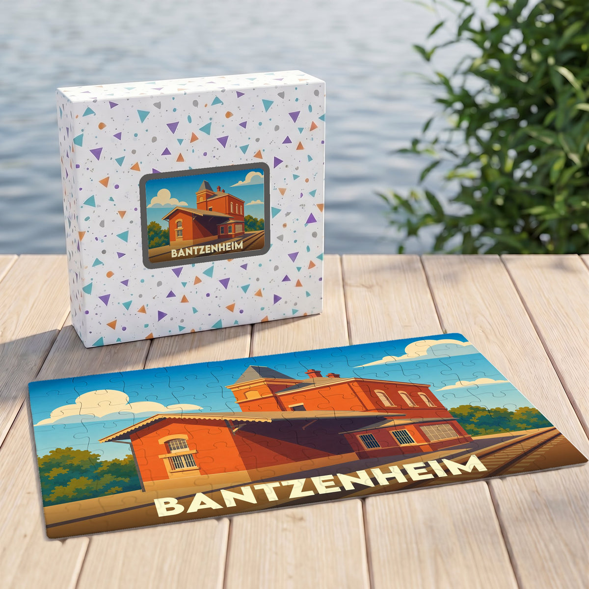 Puzzle souvenir de la ville de Bantzenheim avec une illustration stylisée d'une gare ancienne.