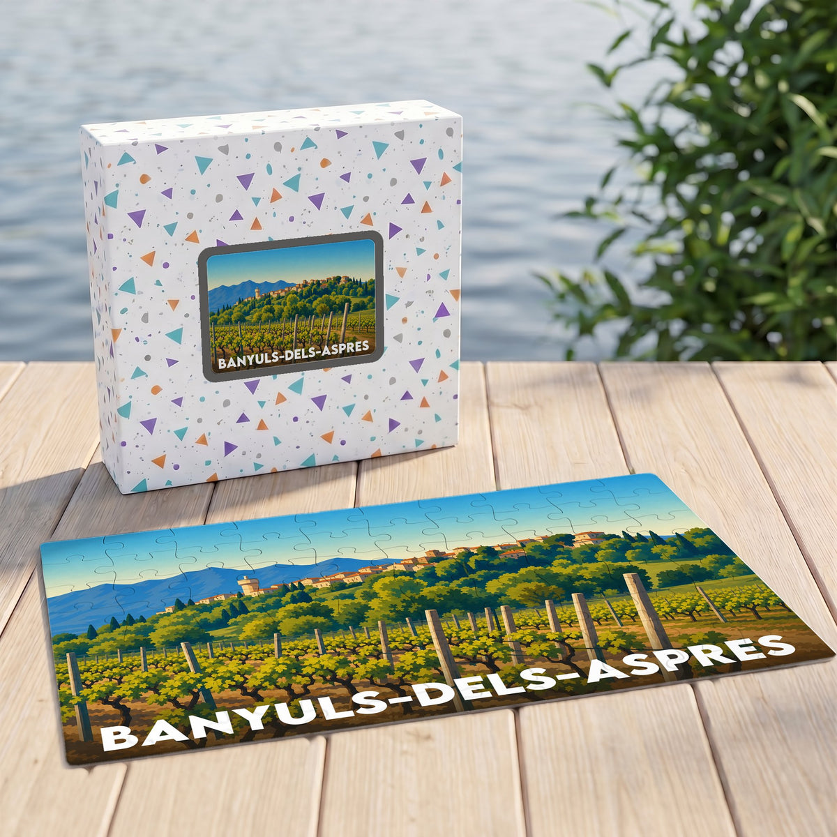 Puzzle souvenir de la ville de Banyuls-dels-Aspres illustrant un paysage de vignobles et son village.