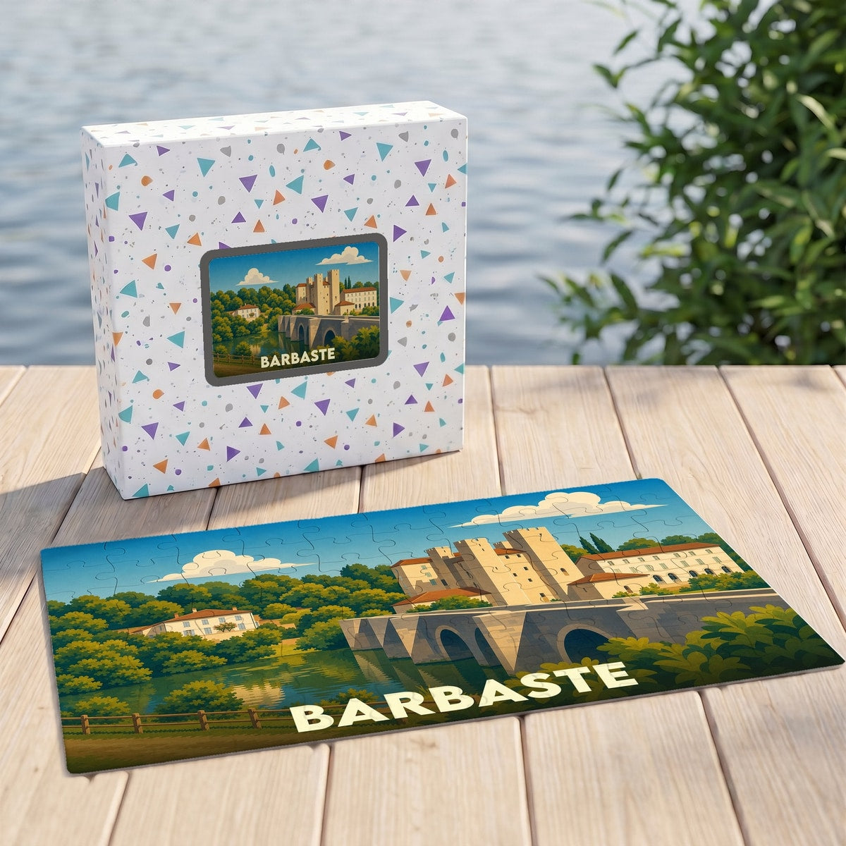 Puzzle souvenir de la ville de Barbaste représentant son célèbre moulin et son pont roman.