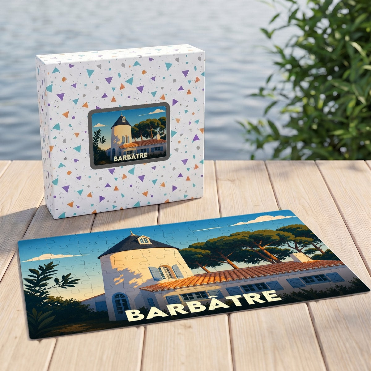 Puzzle souvenir de la ville de Barbâtre avec une illustration stylisée d'un bâtiment traditionnel.