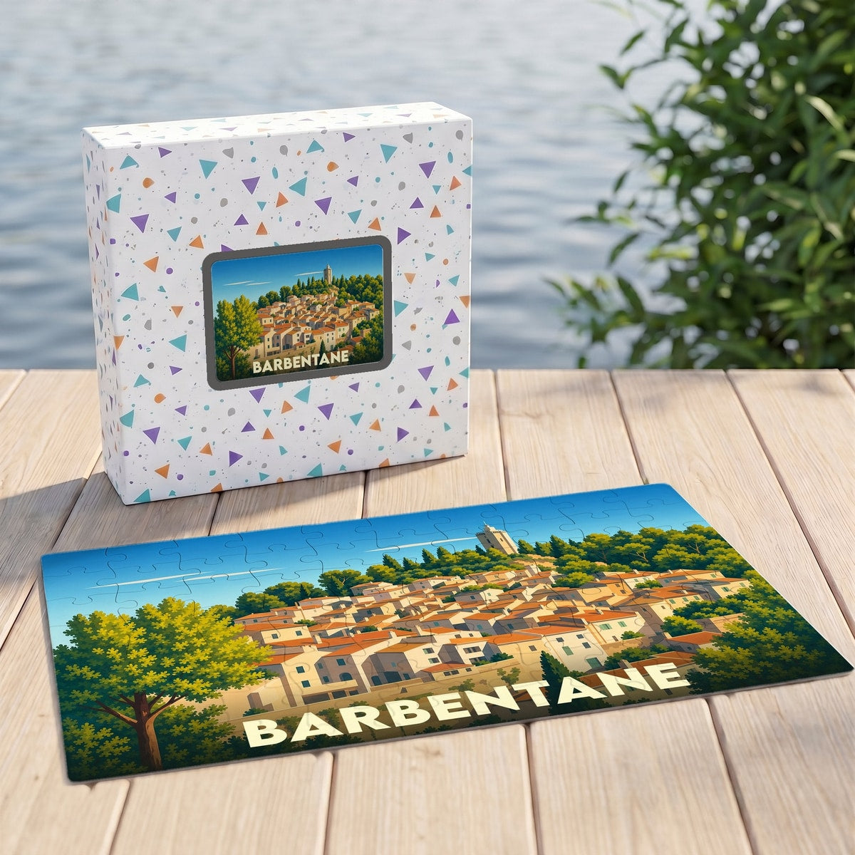 Puzzle souvenir de la ville de Barbentane avec une illustration stylisée d'un village provençal.