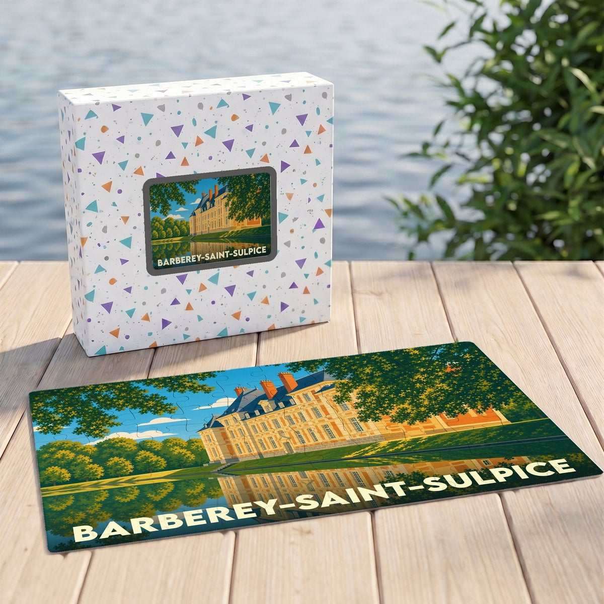 Puzzle souvenir de la ville de Barberey-Saint-Sulpice avec une illustration stylisée d'un château.
