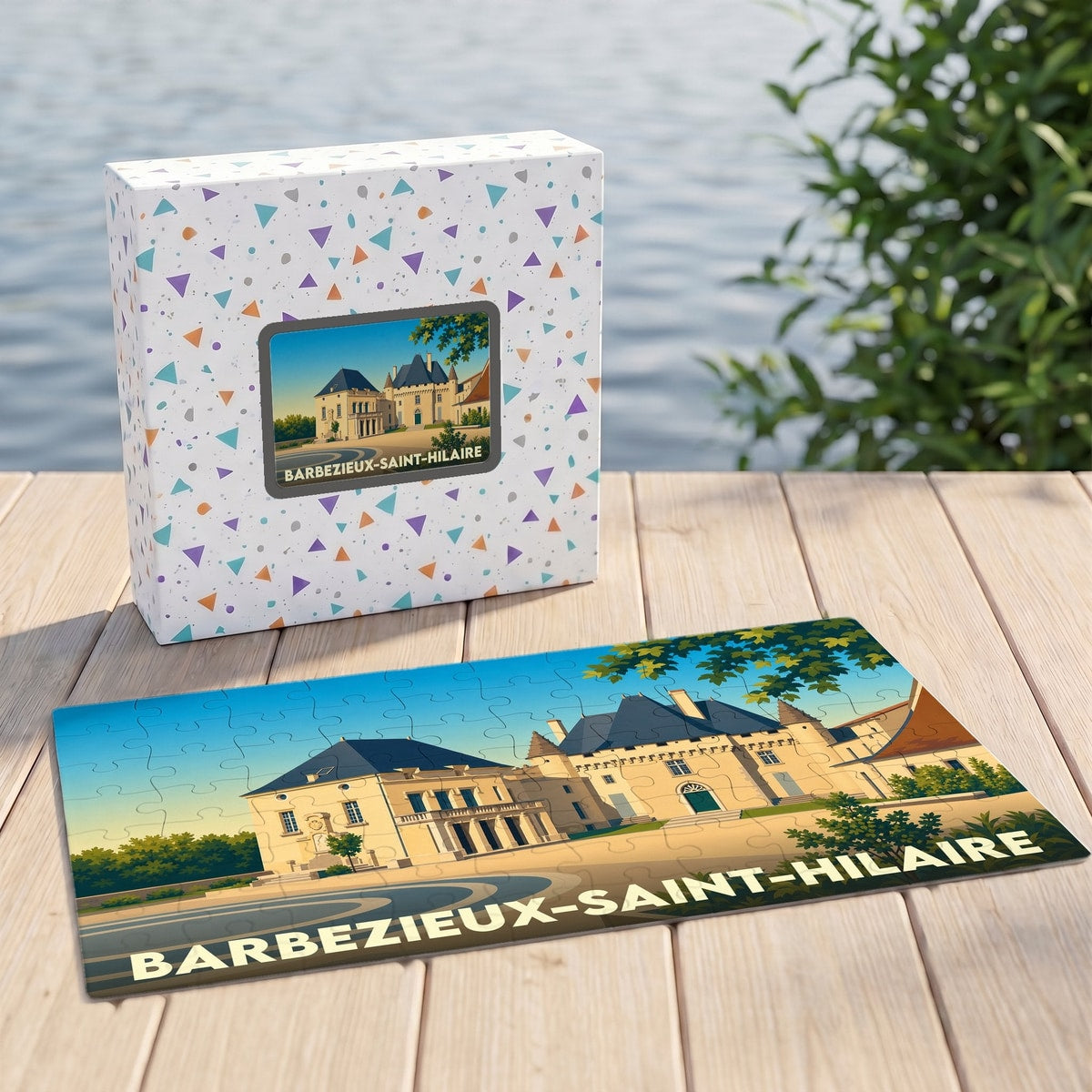 Puzzle souvenir de la ville de Barbezieux-Saint-Hilaire avec une illustration stylisée de son château.