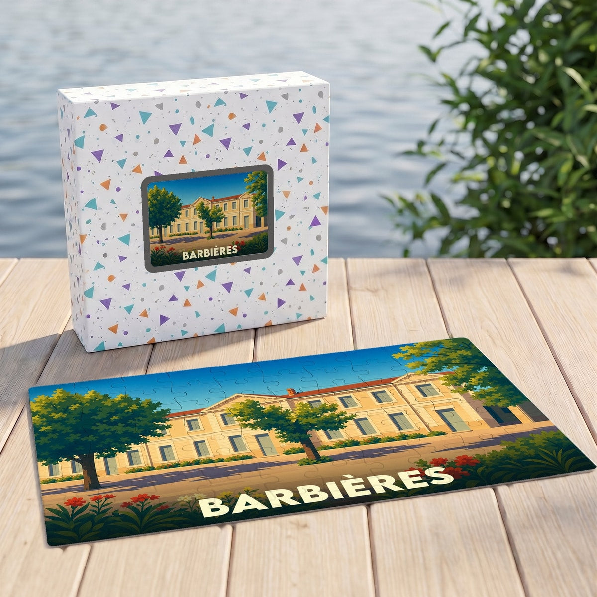 Puzzle souvenir de la ville de Barbières avec une illustration stylisée d'un bâtiment ensoleillé.